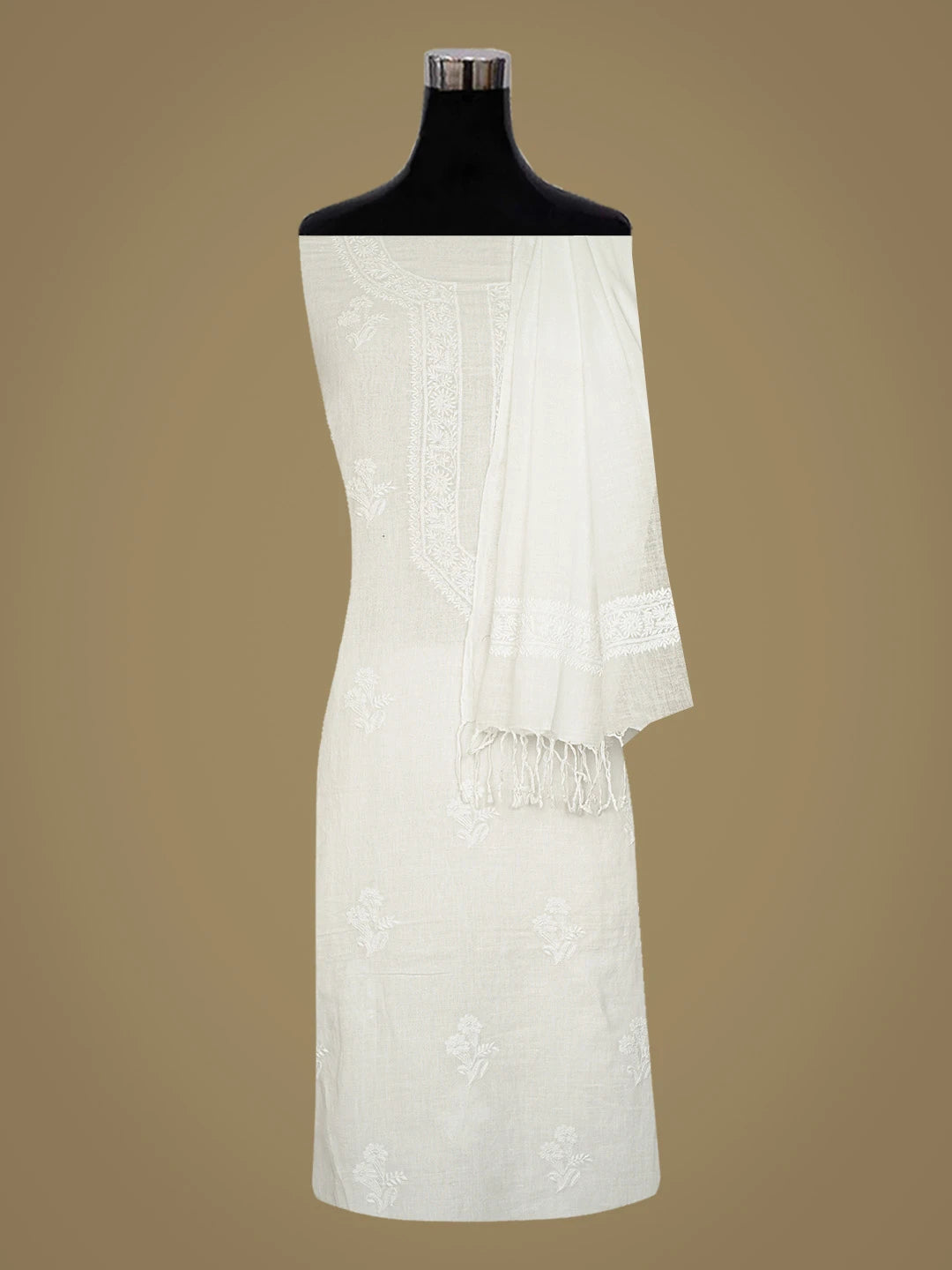 Ada Hand Embroidered White Linen Lucknowi Chikankari Unstitched Kurta Dupatta Set 01A571733