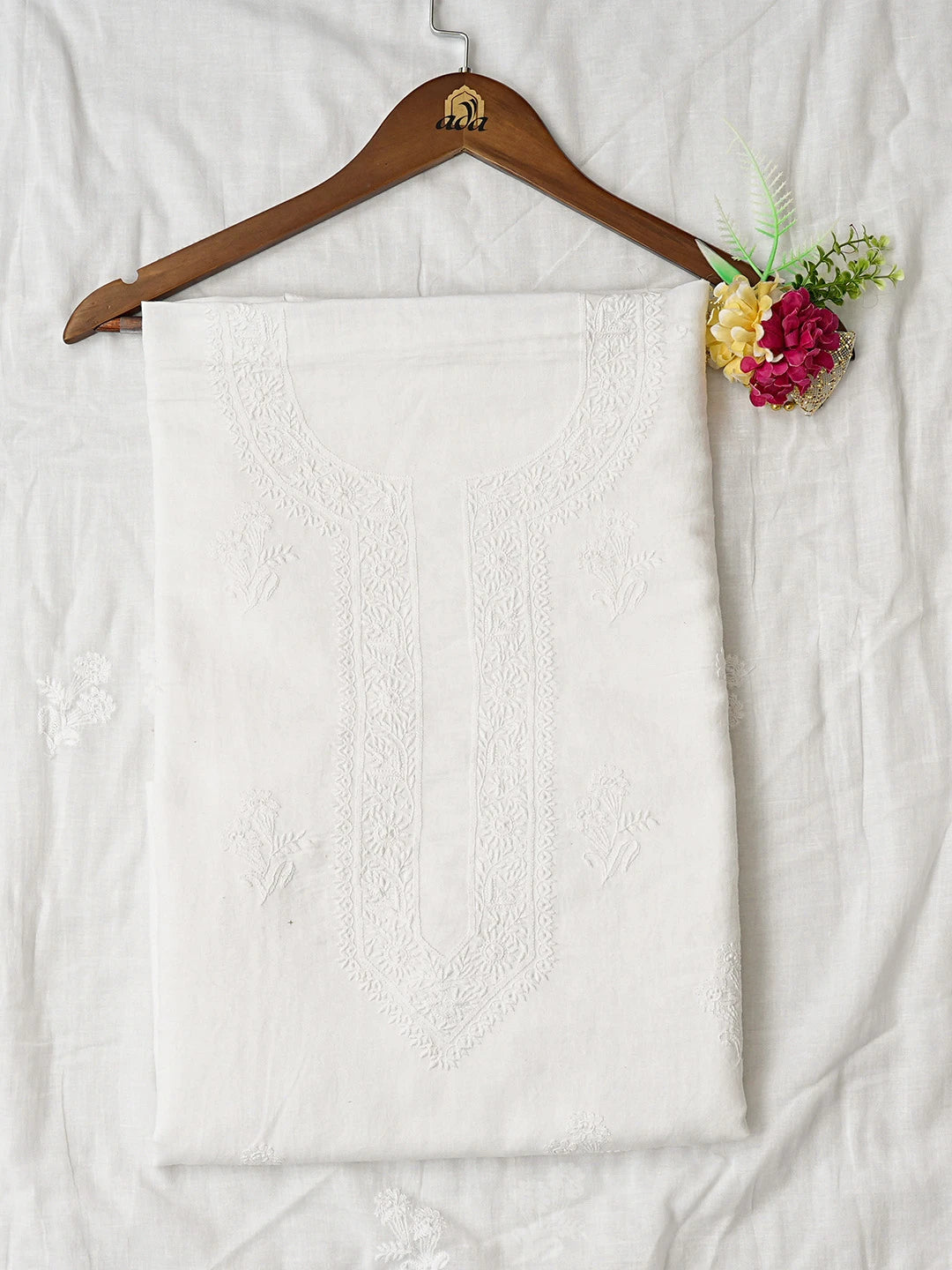 Ada Hand Embroidered White Linen Lucknowi Chikankari Unstitched Kurta Dupatta Set 01A571733