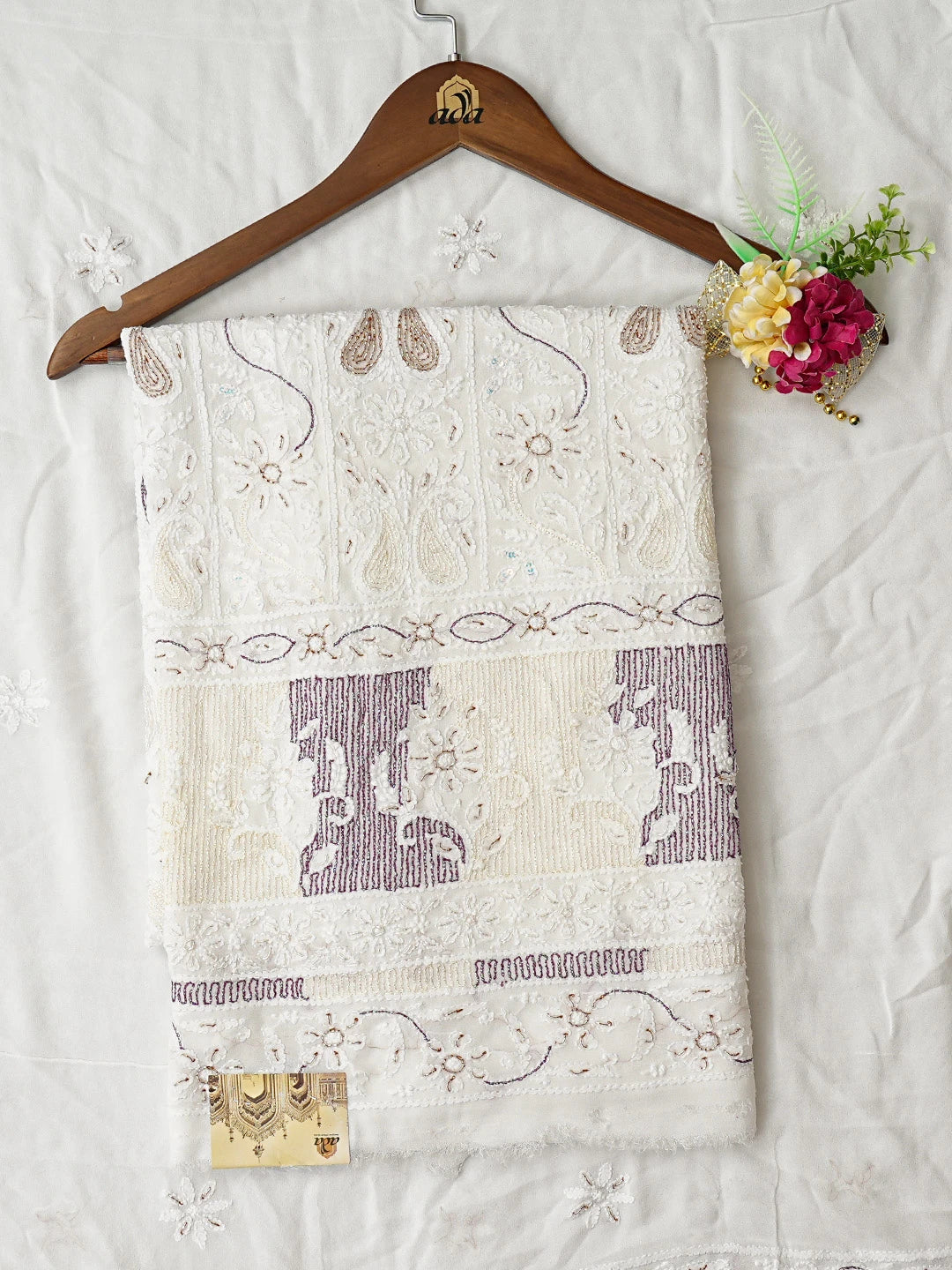 Ada Hand Embroidered White Viscose Georgette Lucknowi Chikankari Unstitched Kurta Dupatta Set With Cutdana Work 01A731345