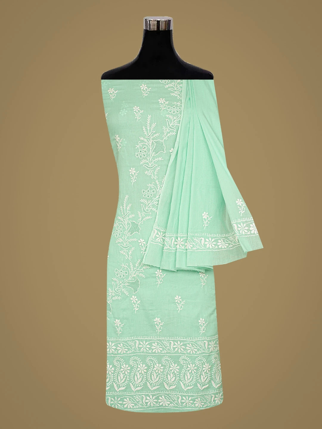 Ada Hand Embroidered Sea Green Cotton Lucknowi Chikankari Unstitched Kurta Dupatta Set 01A785574