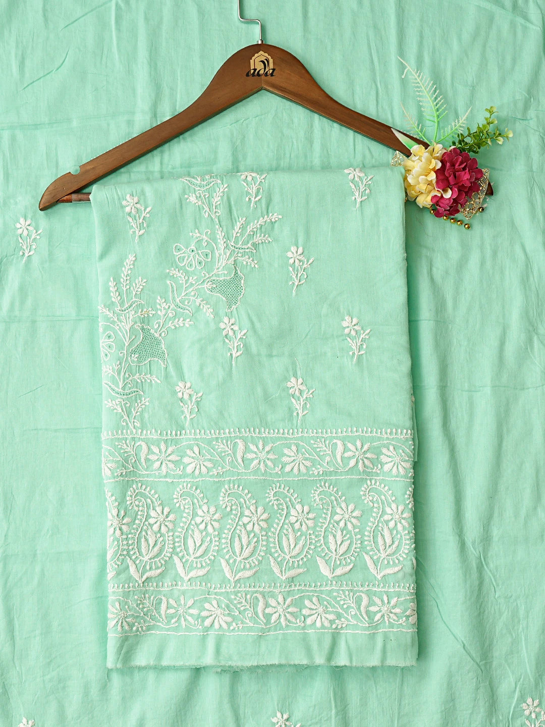 Ada Hand Embroidered Sea Green Cotton Lucknowi Chikankari Unstitched Kurta Dupatta Set 01A785574