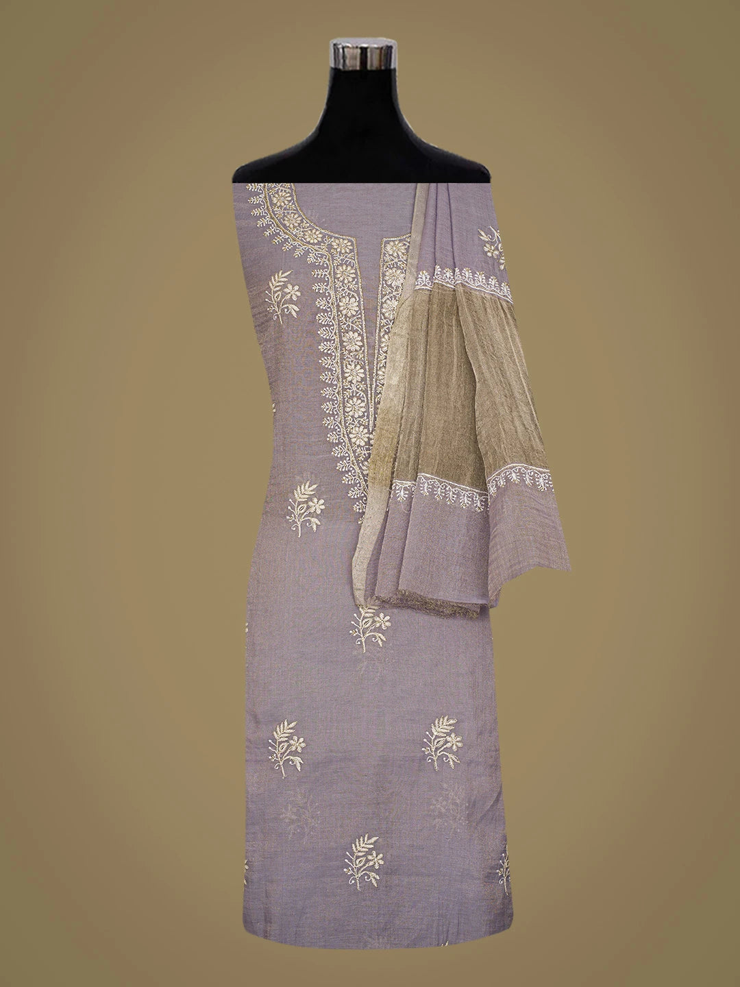 Ada Hand Embroidered Amethyst Smoke Mauve Tissue Lucknowi Chikankari Unstitched Kurta Dupatta Set With Zari Work 01A759631