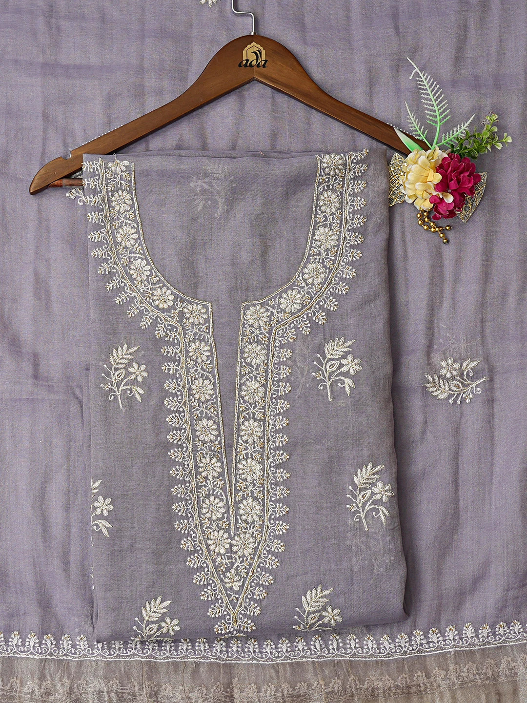 Ada Hand Embroidered Amethyst Smoke Mauve Tissue Lucknowi Chikankari Unstitched Kurta Dupatta Set With Zari Work 01A759631