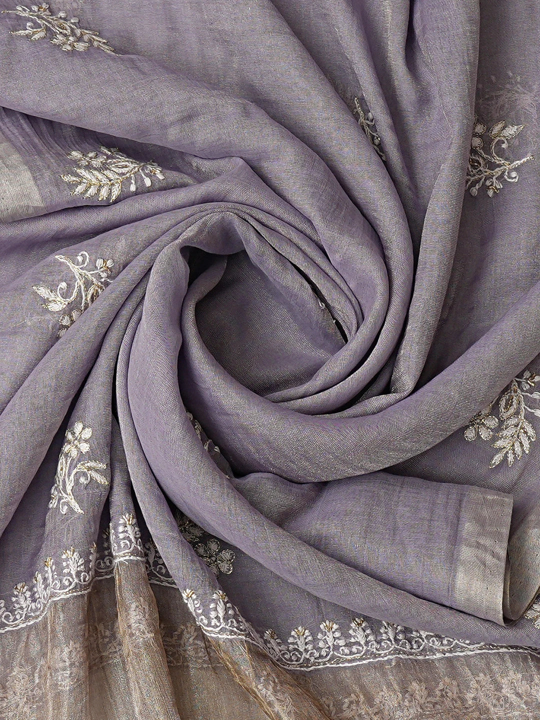 Ada Hand Embroidered Amethyst Smoke Mauve Tissue Lucknowi Chikankari Unstitched Kurta Dupatta Set With Zari Work 01A759631