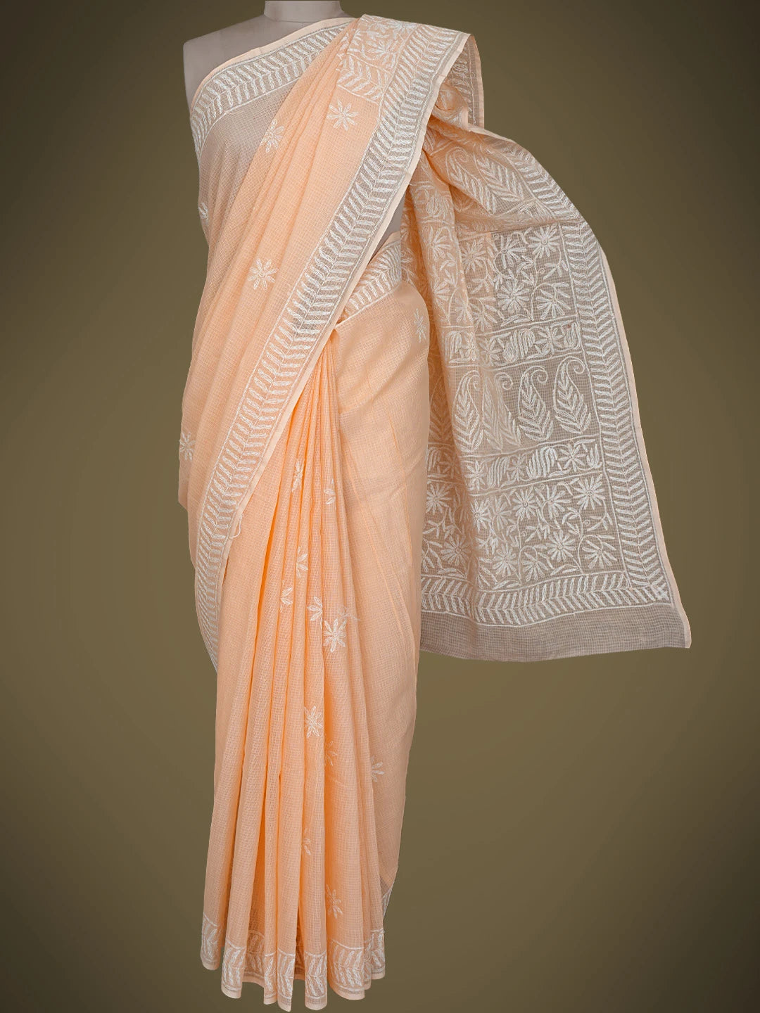 Ada Hand Embroidered Peach Kota Lucknowi Chikankari Saree With Blouse 01A590632