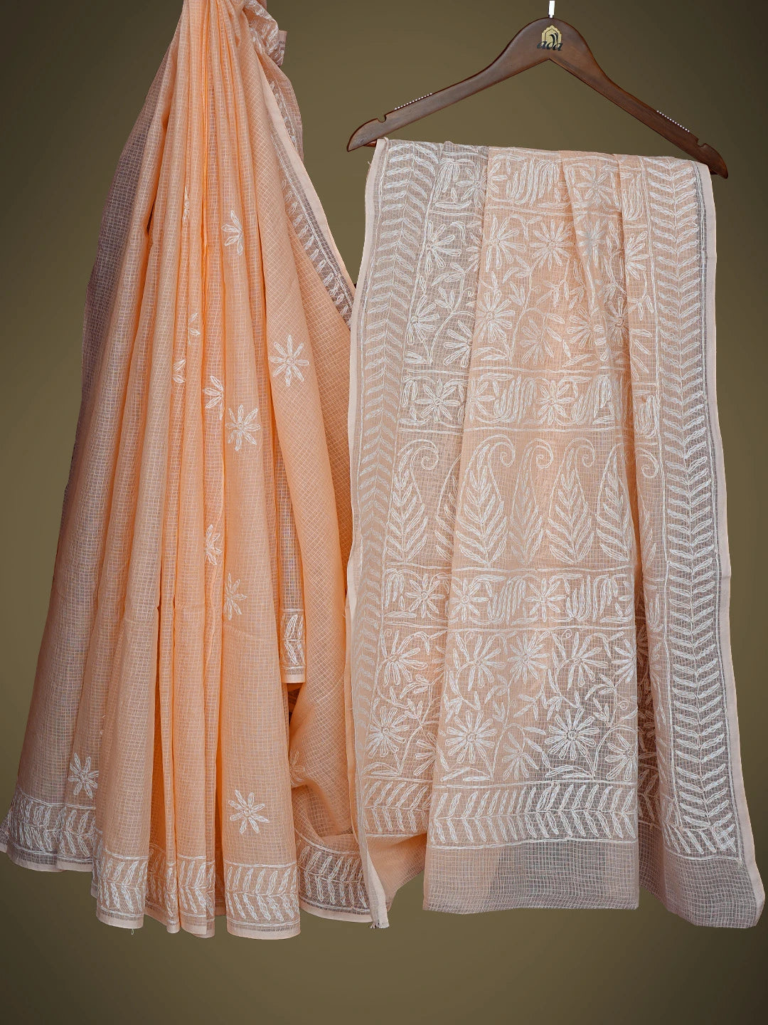 Ada Hand Embroidered Peach Kota Lucknowi Chikankari Saree With Blouse 01A590632