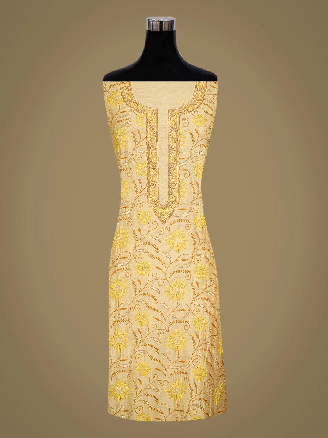 Ada Hand Embroidered Beige Chanderi Lucknowi Chikankari Unstitched Kurta Dupatta Set With Cutdana Work 01A638453