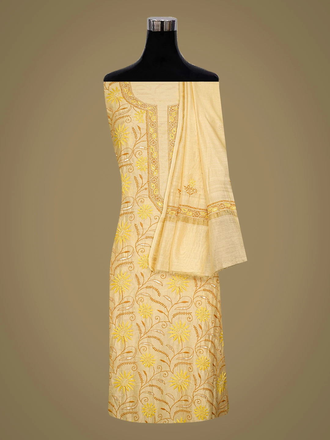 Ada Hand Embroidered Beige Chanderi Lucknowi Chikankari Unstitched Kurta Dupatta Set With Cutdana Work 01A638453
