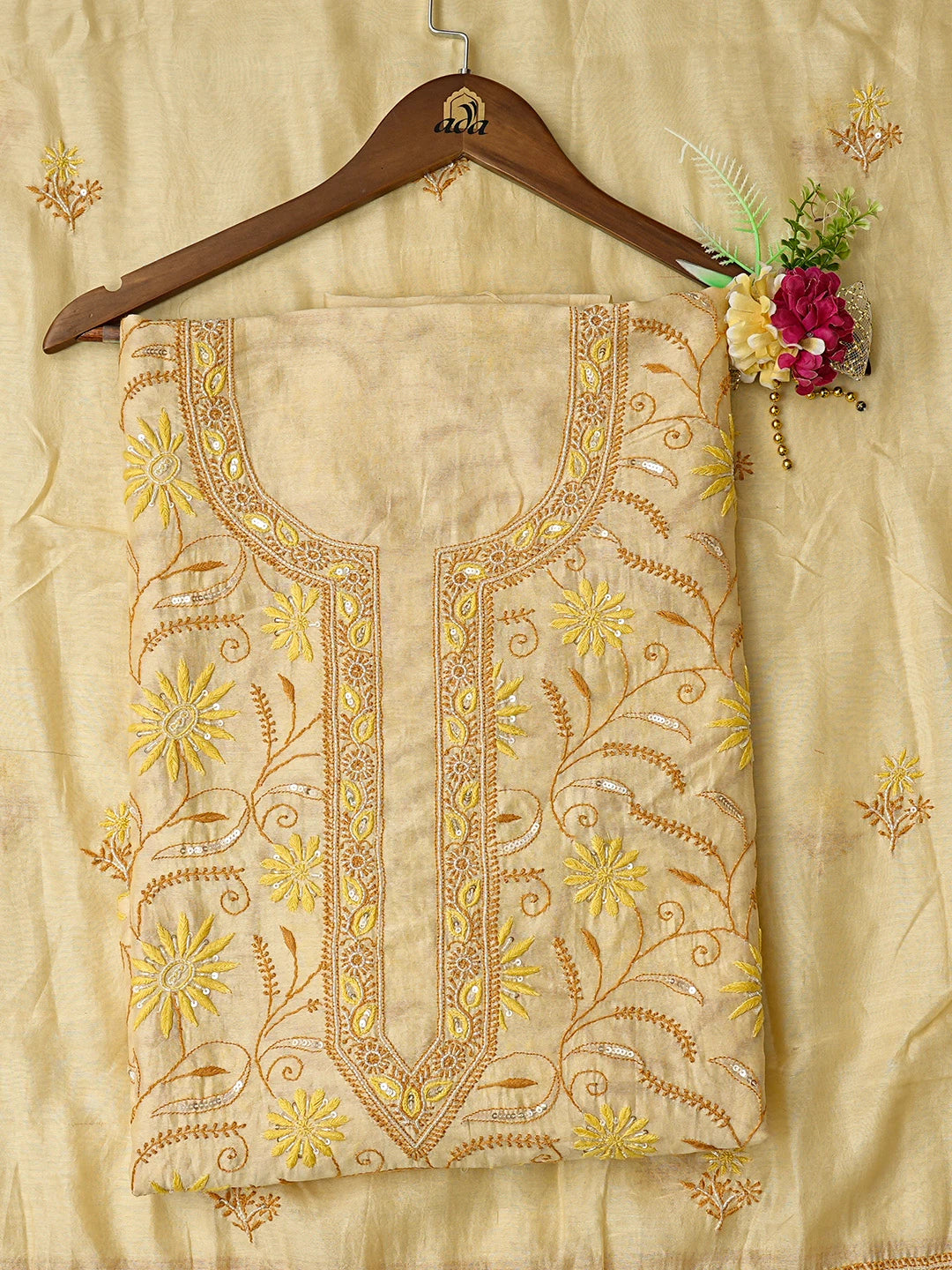 Ada Hand Embroidered Beige Chanderi Lucknowi Chikankari Unstitched Kurta Dupatta Set With Cutdana Work 01A638453