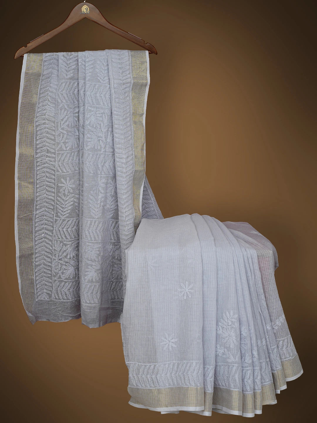 Ada Hand Embroidered Cool Grey Kota Lucknowi Chikankari Saree With Blouse 01A754491