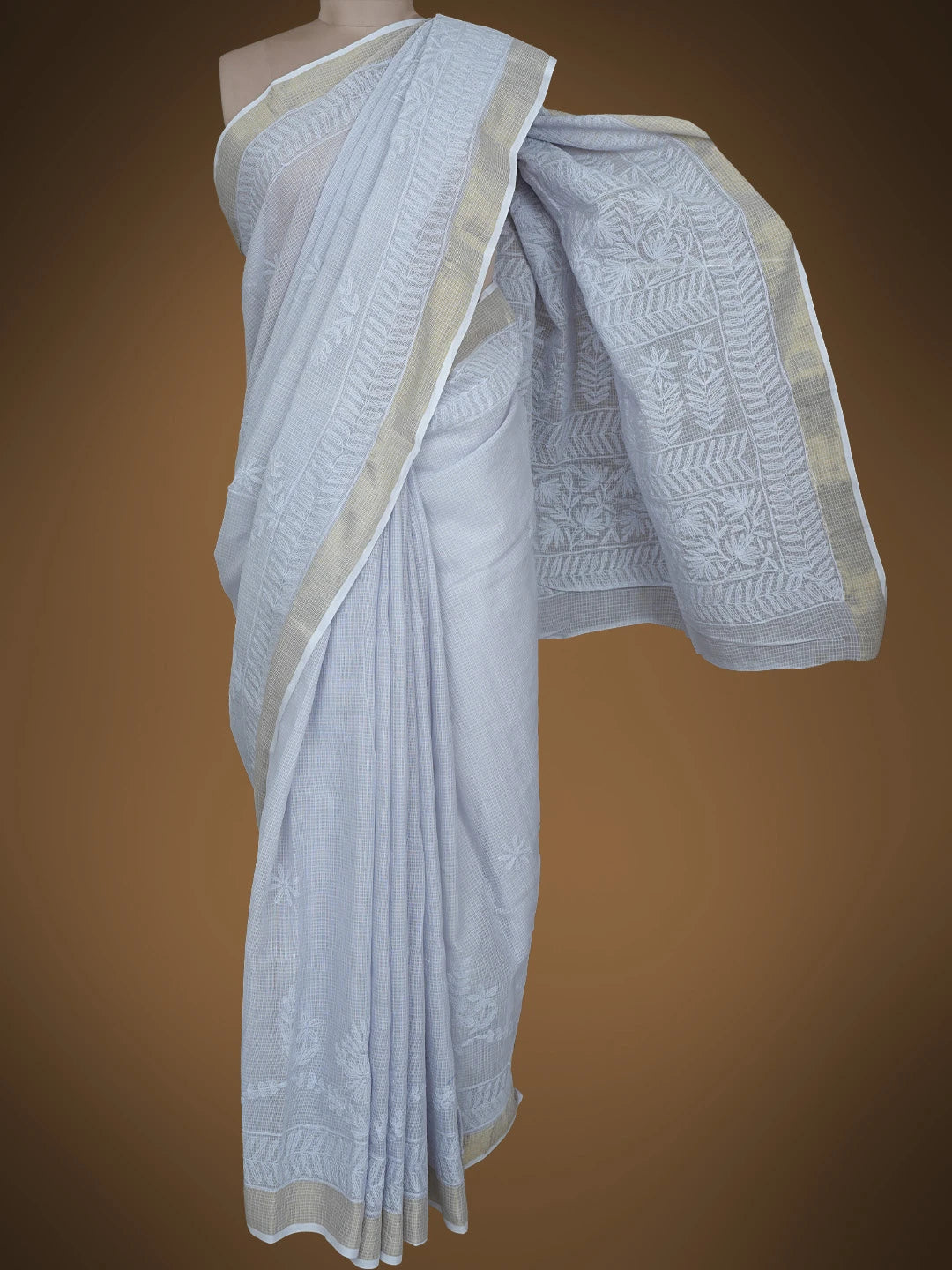 Ada Hand Embroidered Cool Grey Kota Lucknowi Chikankari Saree With Blouse 01A754491