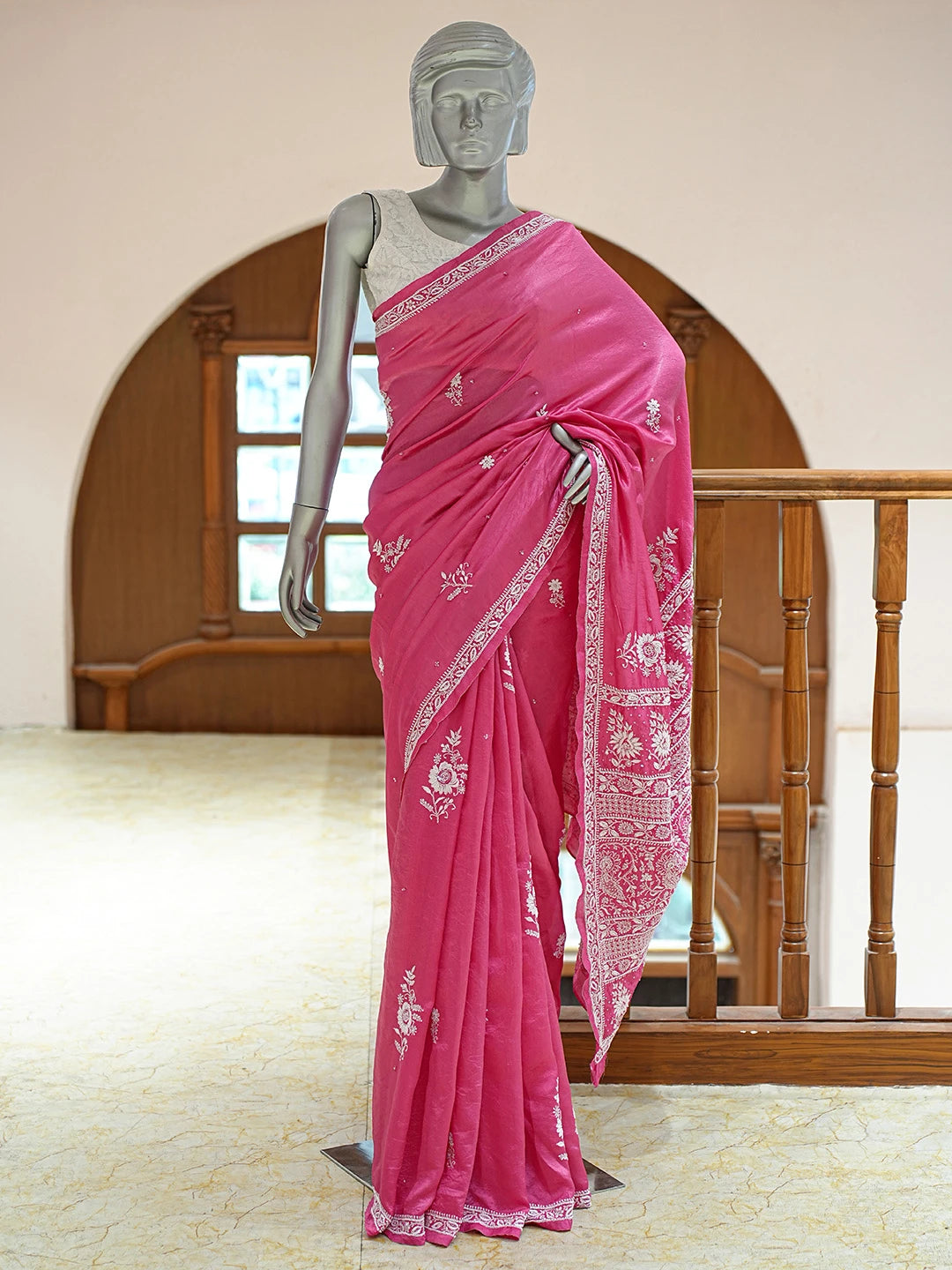 Ada Hand Embroidered Magenta Silk Lucknowi Chikankari Saree and Blouse With Cutdana Work 01A774979
