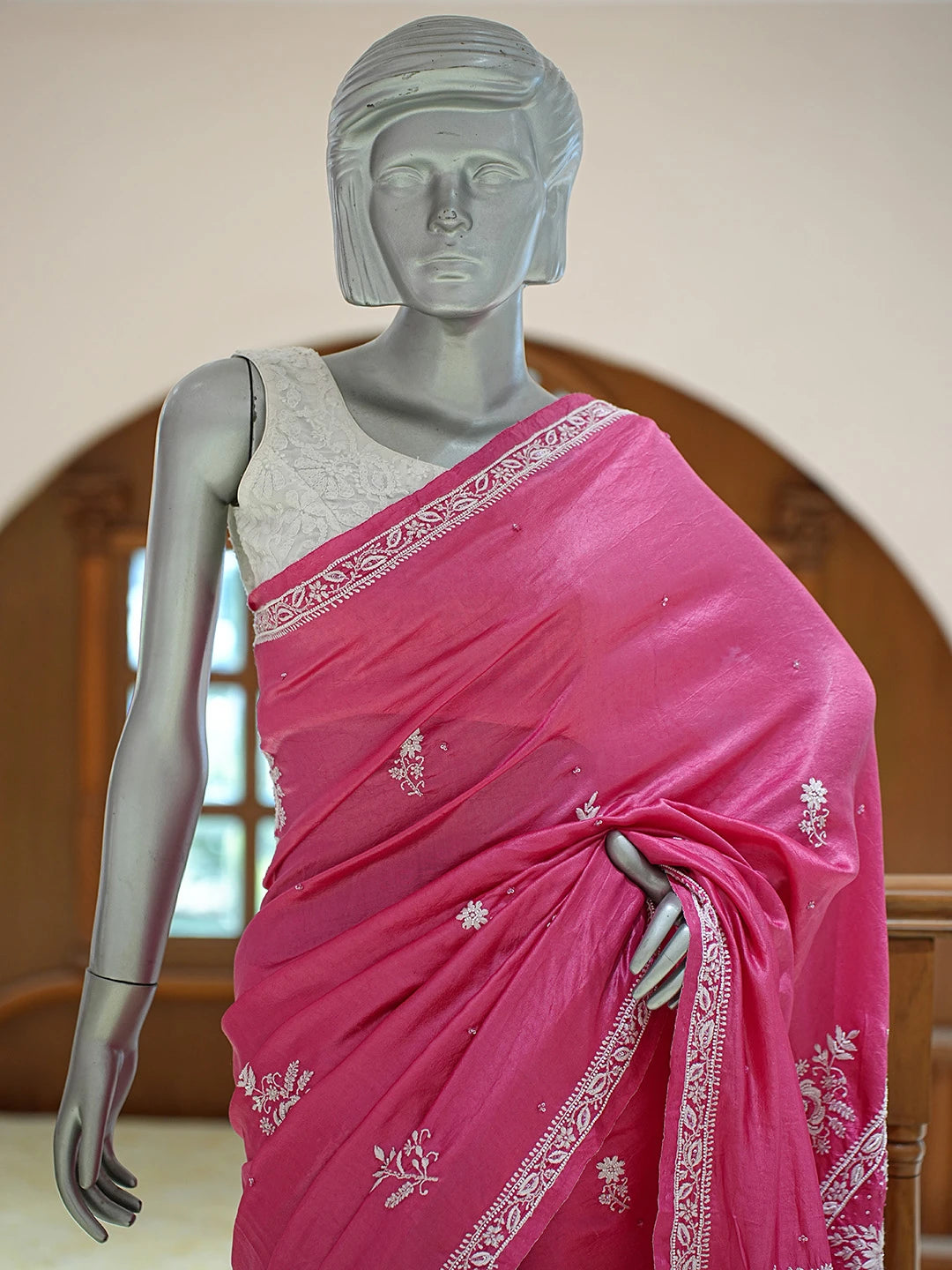 Ada Hand Embroidered Magenta Silk Lucknowi Chikankari Saree and Blouse With Cutdana Work 01A774979
