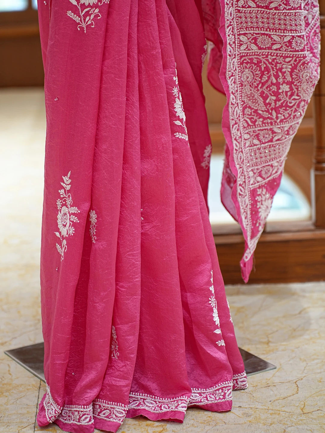 Ada Hand Embroidered Magenta Silk Lucknowi Chikankari Saree and Blouse With Cutdana Work 01A774979