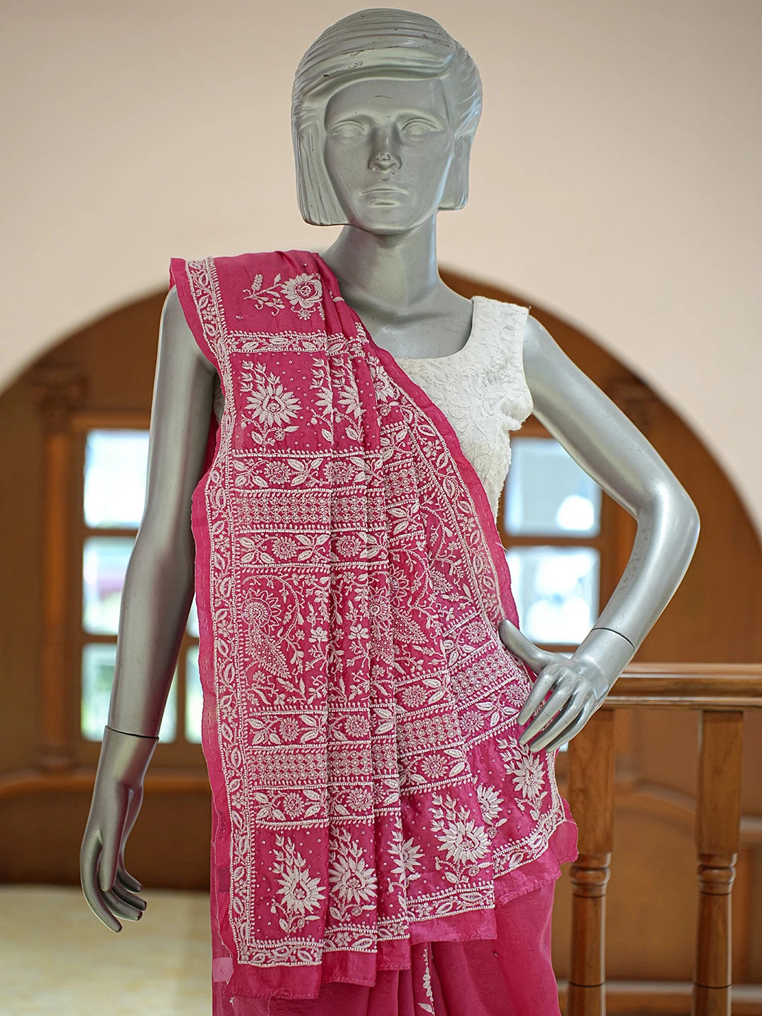 Ada Hand Embroidered Magenta Silk Lucknowi Chikankari Saree and Blouse With Cutdana Work 01A774979