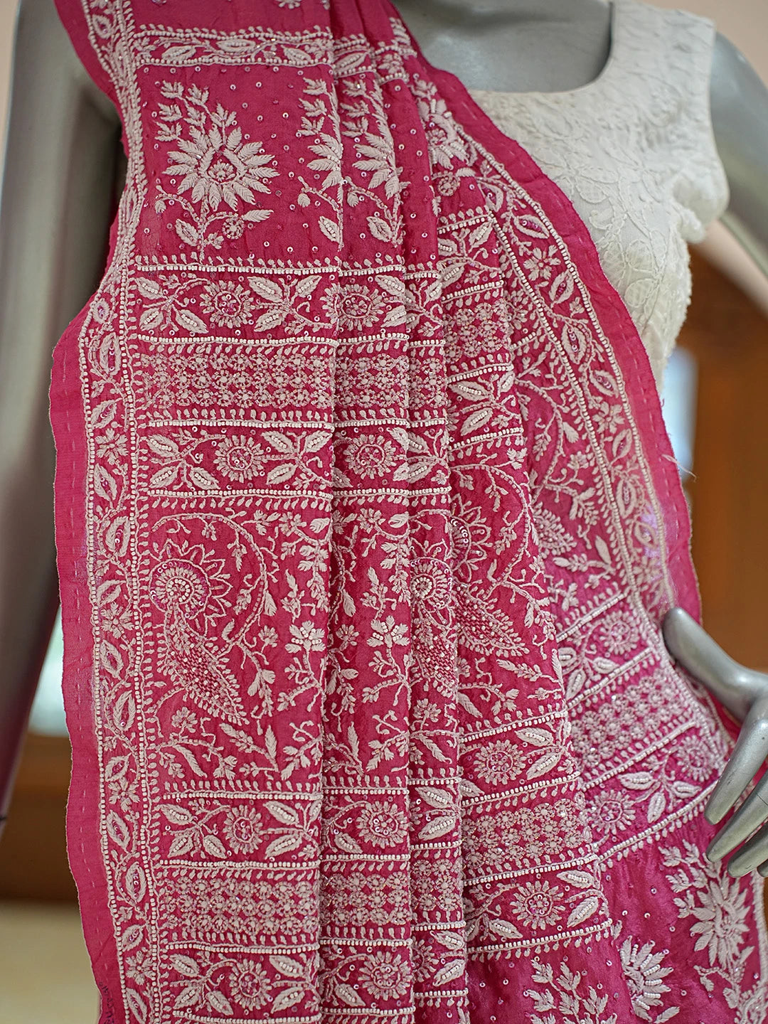 Ada Hand Embroidered Magenta Silk Lucknowi Chikankari Saree and Blouse With Cutdana Work 01A774979