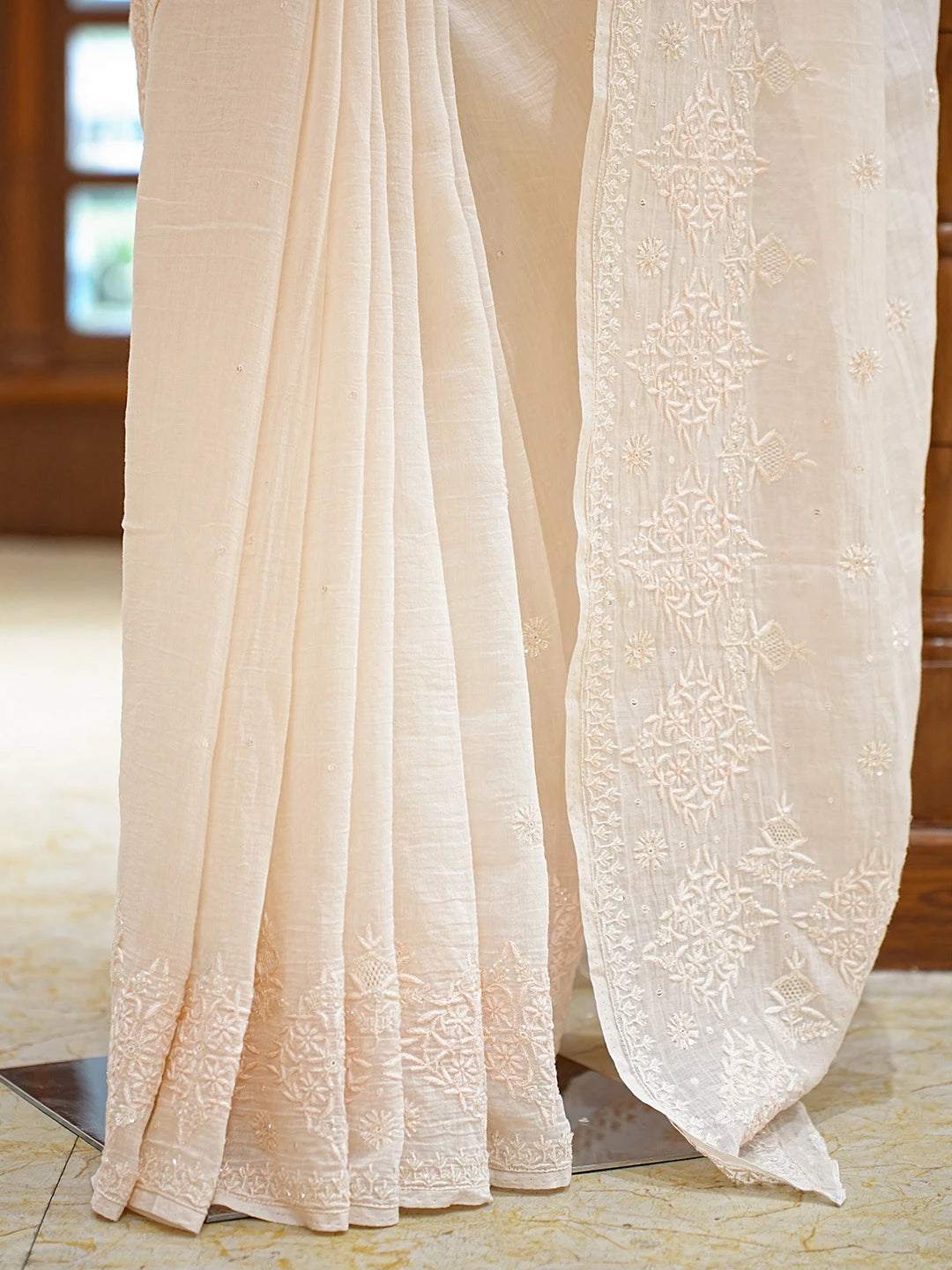 Ada Hand Embroidered Peach Chanderi Lucknowi Chikankari Saree and Blouse With Cutdana Work 01A532325