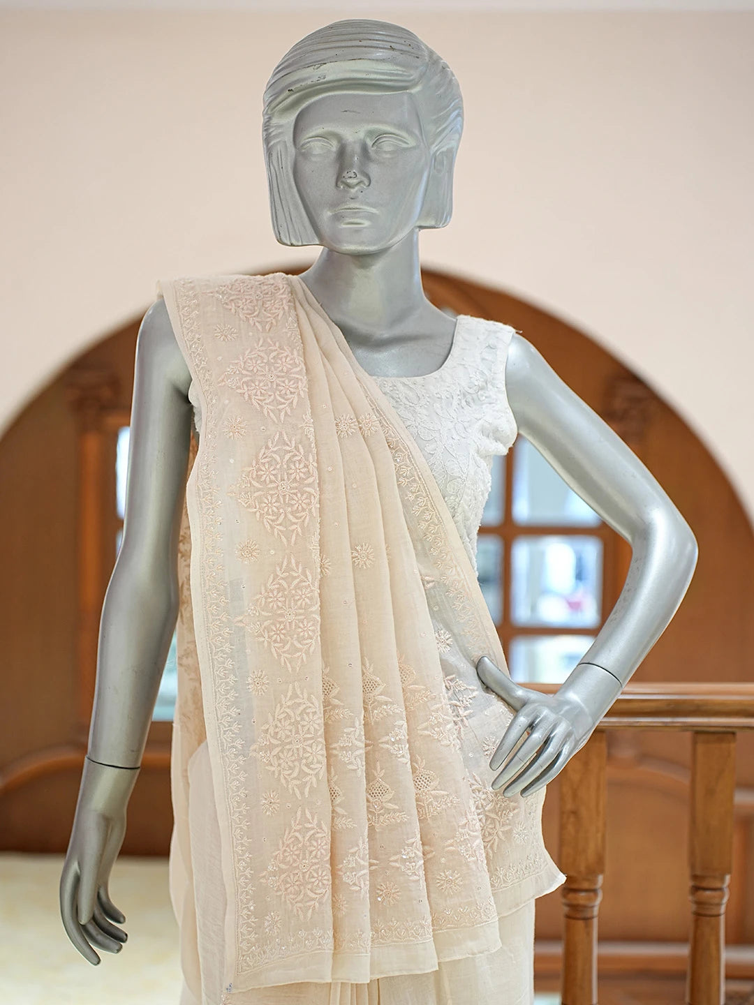 Ada Hand Embroidered Peach Chanderi Lucknowi Chikankari Saree and Blouse With Cutdana Work 01A532325