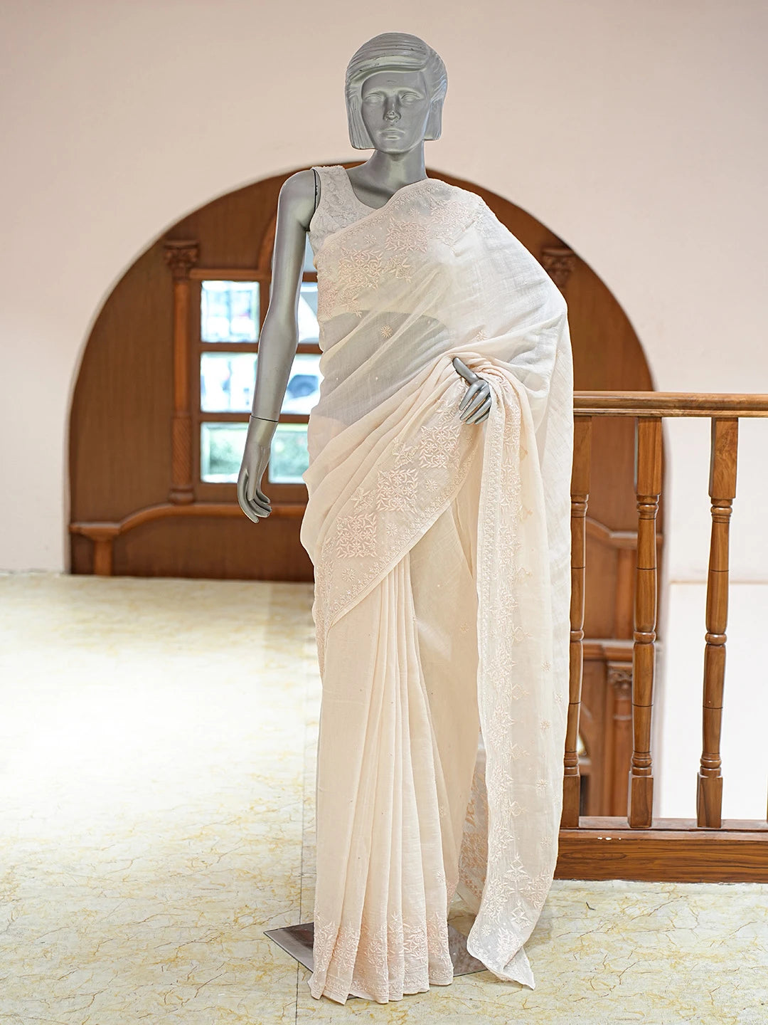 Ada Hand Embroidered Peach Chanderi Lucknowi Chikankari Saree and Blouse With Cutdana Work 01A532325