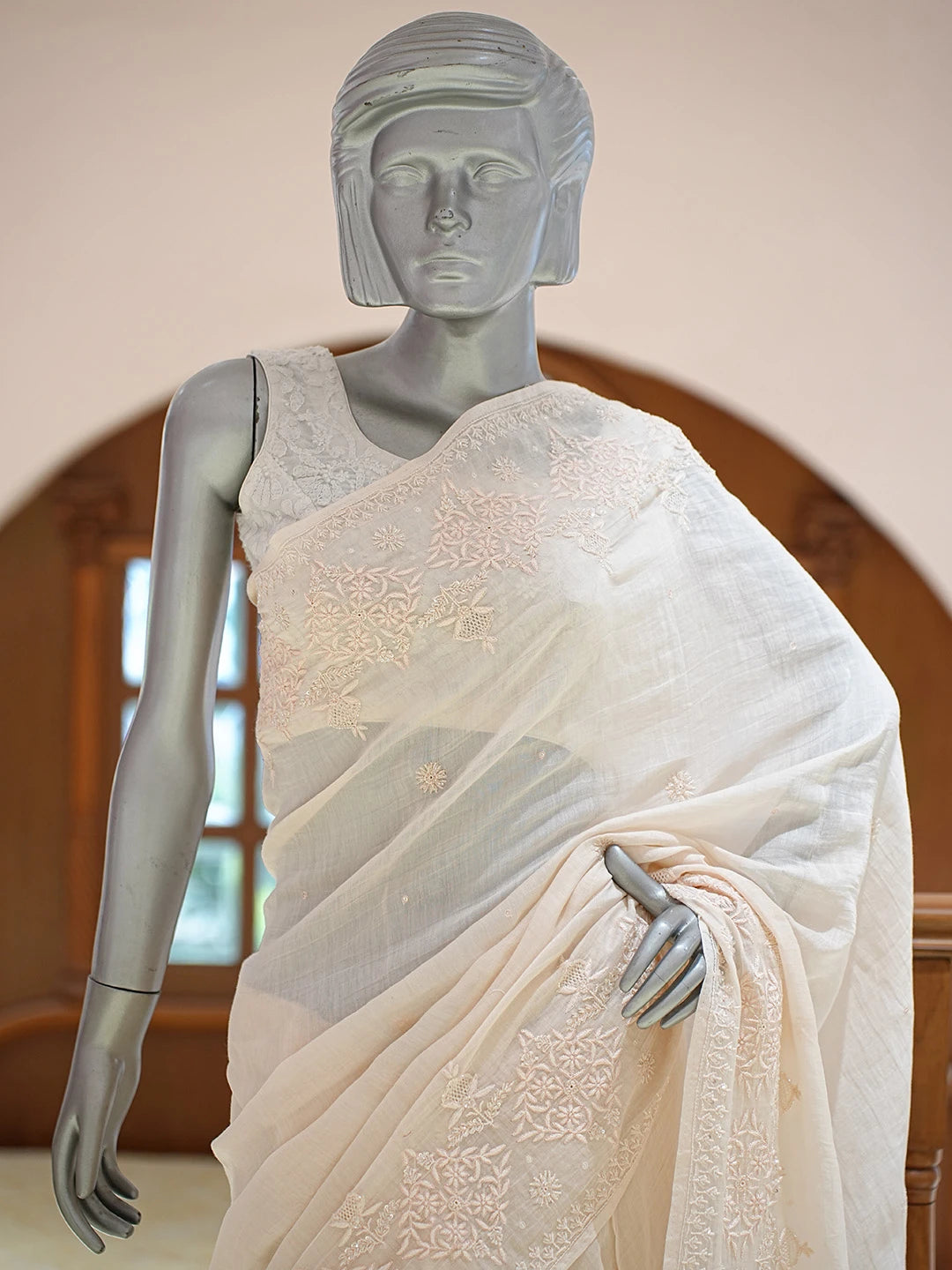Ada Hand Embroidered Peach Chanderi Lucknowi Chikankari Saree and Blouse With Cutdana Work 01A532325