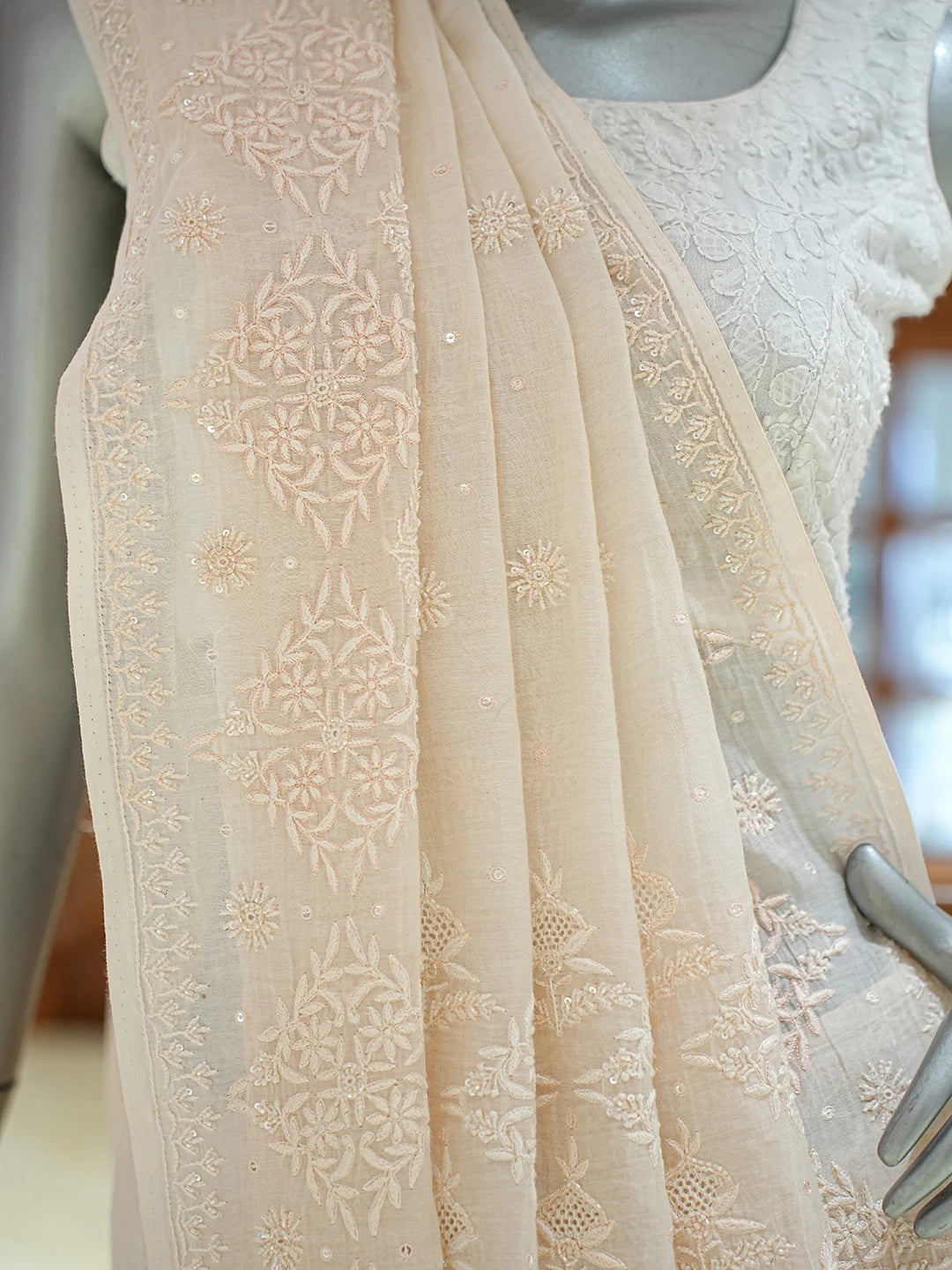 Ada Hand Embroidered Peach Chanderi Lucknowi Chikankari Saree and Blouse With Cutdana Work 01A532325