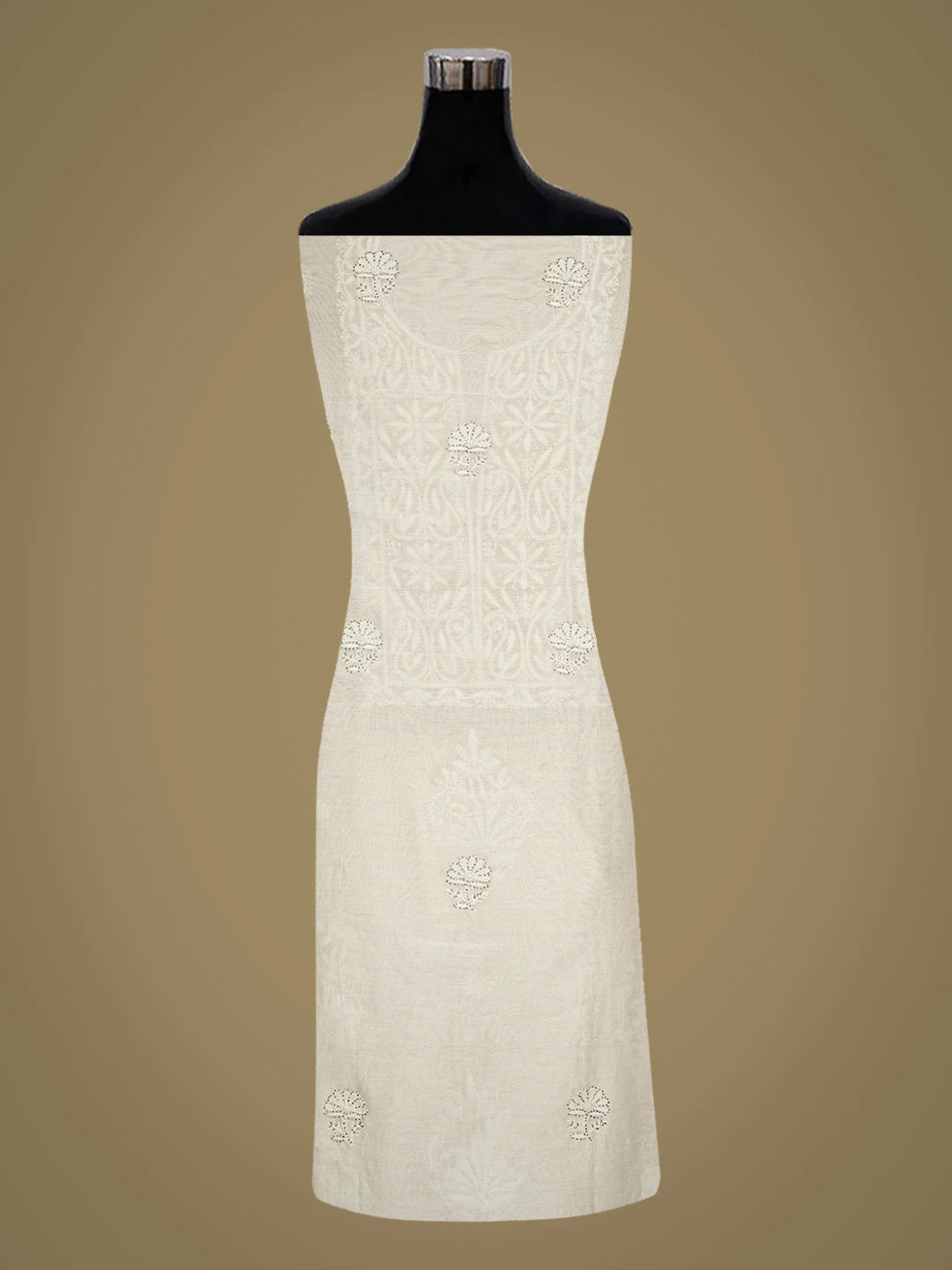 Ada Hand Embroidered White Chanderi Lucknowi Chikankari Unstitched Kurta Dupatta Set With Cutdana Work 01A216016