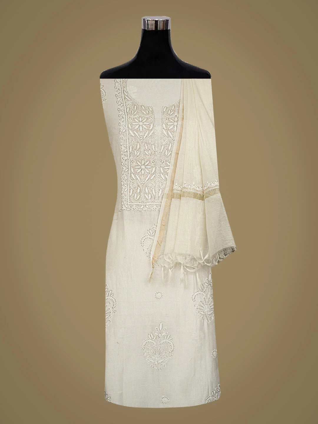 Ada Hand Embroidered White Chanderi Lucknowi Chikankari Unstitched Kurta Dupatta Set With Cutdana Work 01A216016