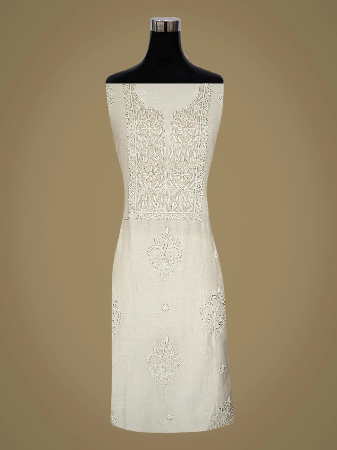 Ada Hand Embroidered White Chanderi Lucknowi Chikankari Unstitched Kurta Dupatta Set With Cutdana Work 01A216016