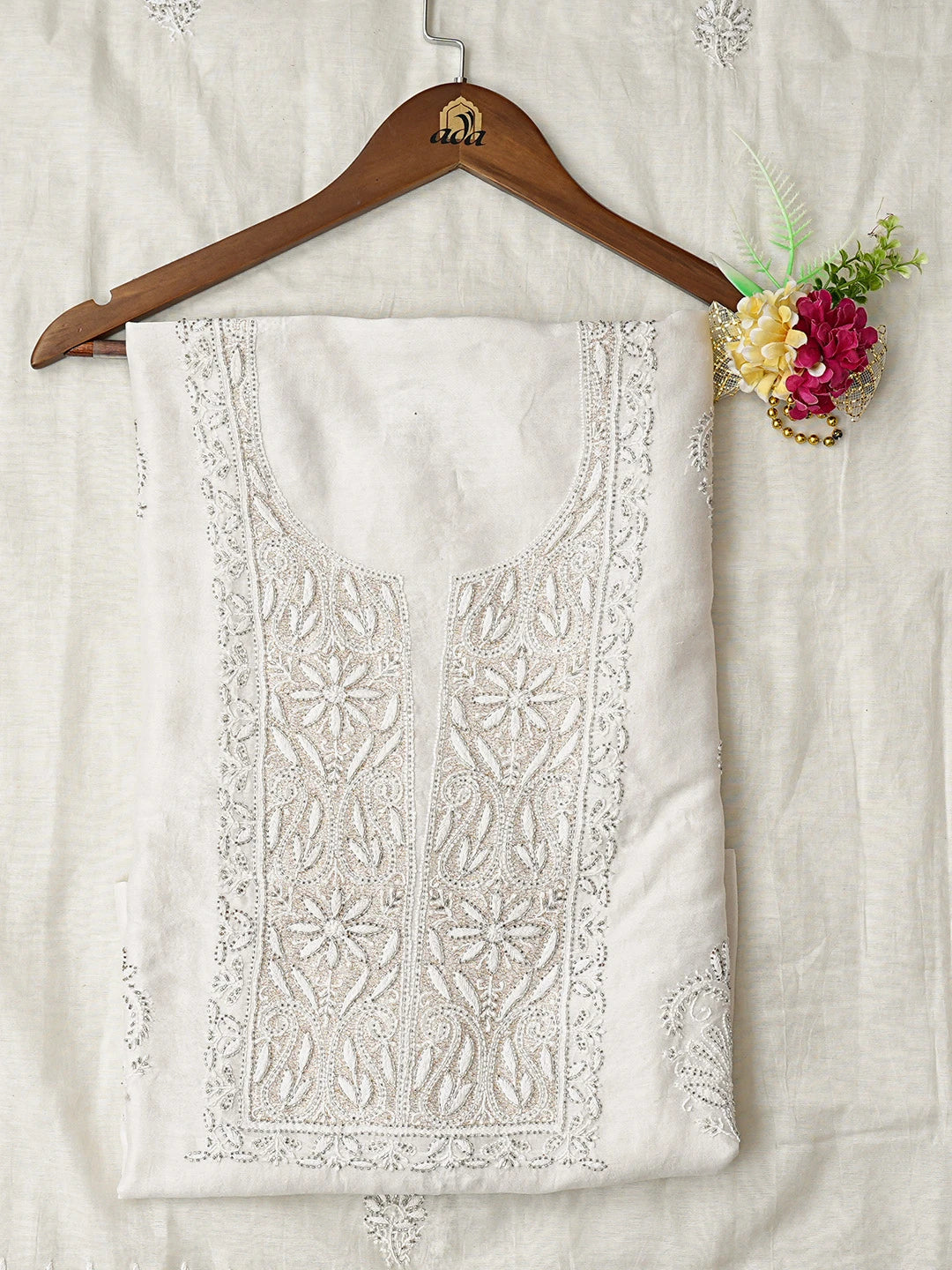 Ada Hand Embroidered White Chanderi Lucknowi Chikankari Unstitched Kurta Dupatta Set With Cutdana Work 01A216016