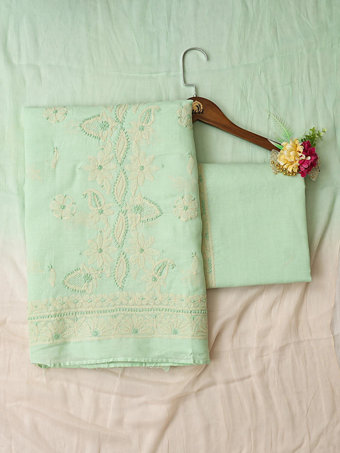 Ada Hand Embroidered Light Green Cotton Lucknowi Chikankari Unstitched Suit Piece 08A500479
