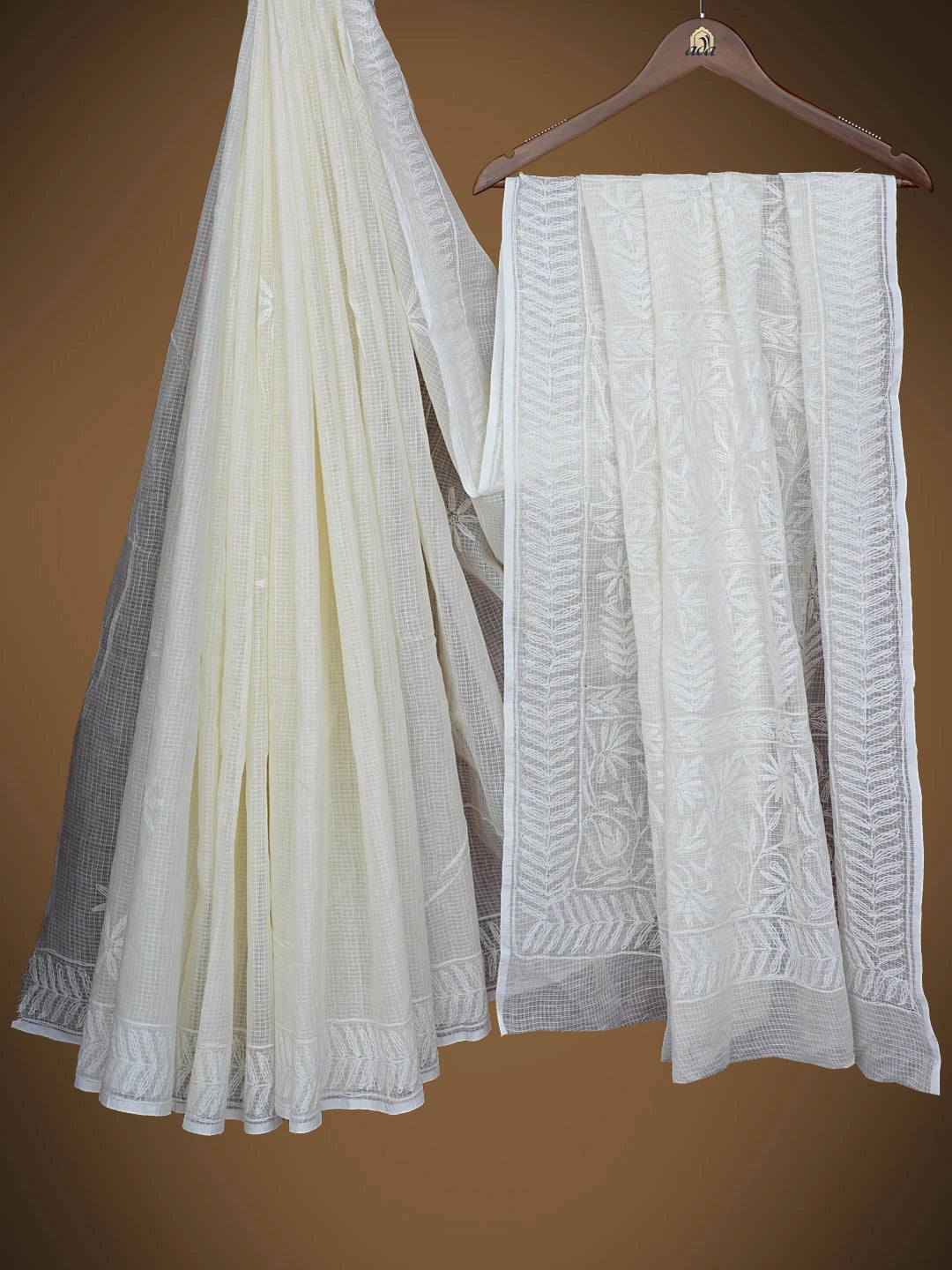 Ada Hand Embroidered Cream Kota Lucknowi Chikankari Saree and Blouse 01A810492