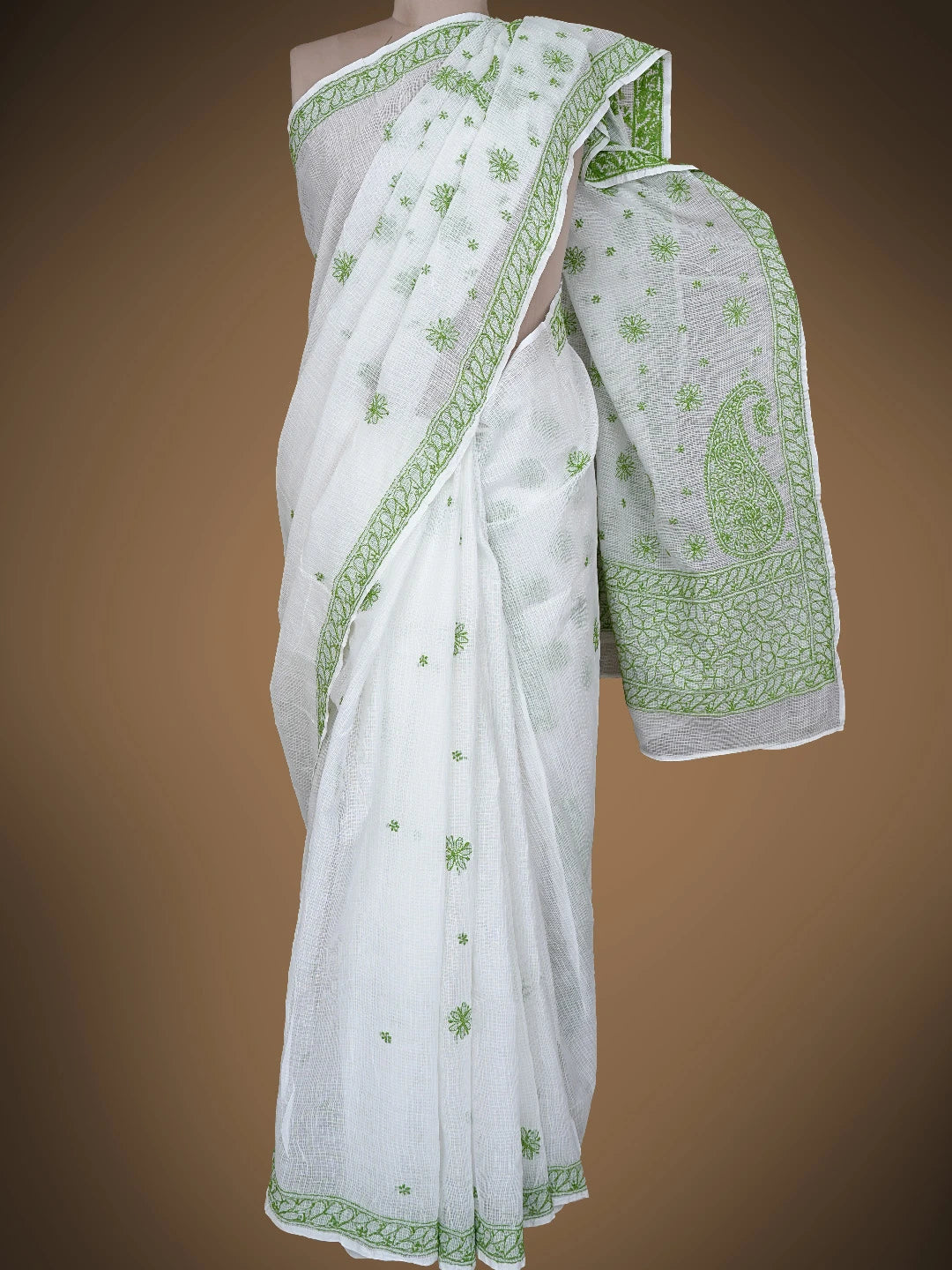 Ada Hand Embroidered White Baby Powder Kota Lucknowi Chikankari Saree and Blouse 01A778062