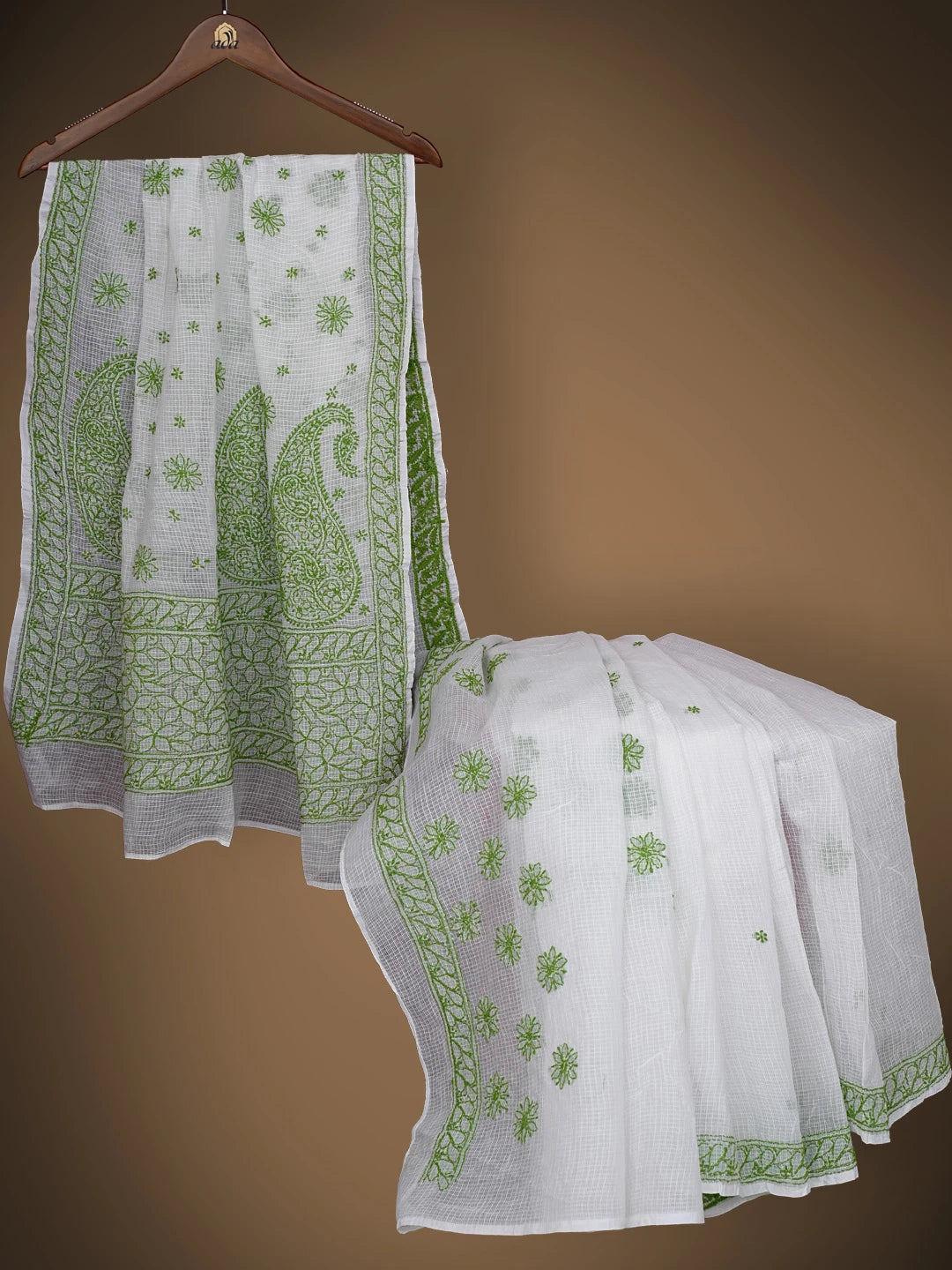 Ada Hand Embroidered White Baby Powder Kota Lucknowi Chikankari Saree and Blouse 01A778062