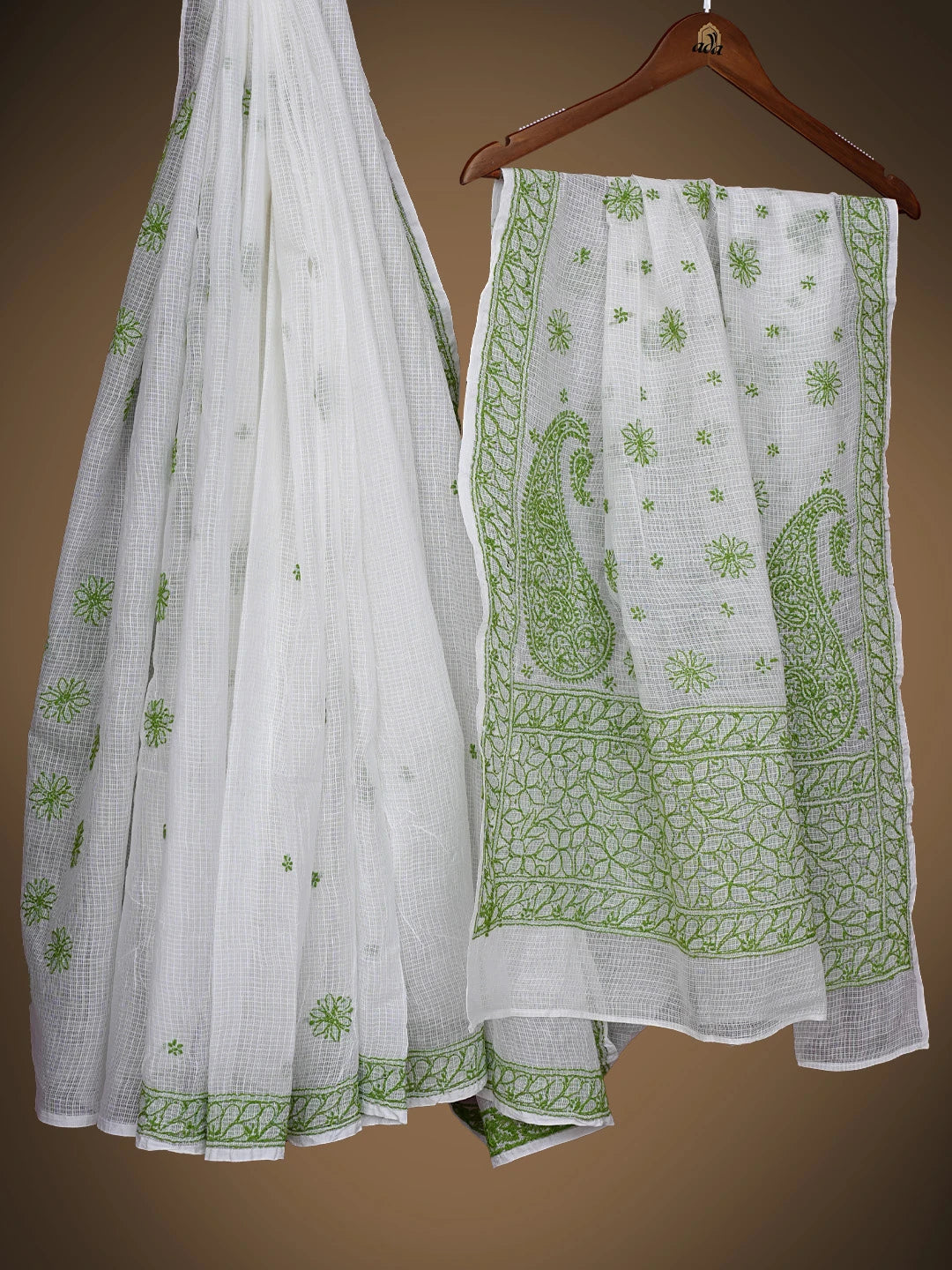 Ada Hand Embroidered White Baby Powder Kota Lucknowi Chikankari Saree and Blouse 01A778062