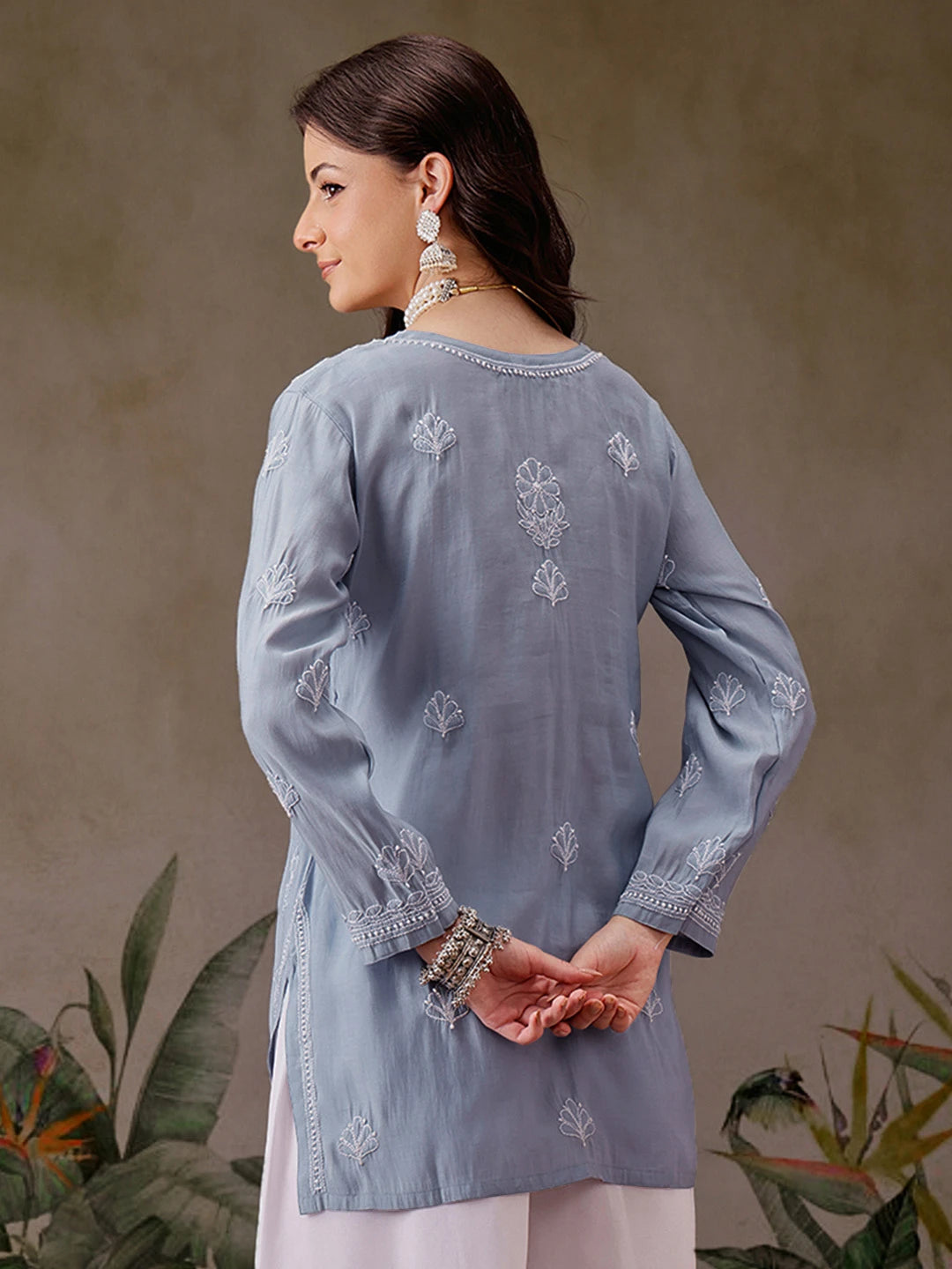 Ada Hand Embroidered Ink Blue Chanderi Silk Lucknowi Chikankari Short Kurti A911447