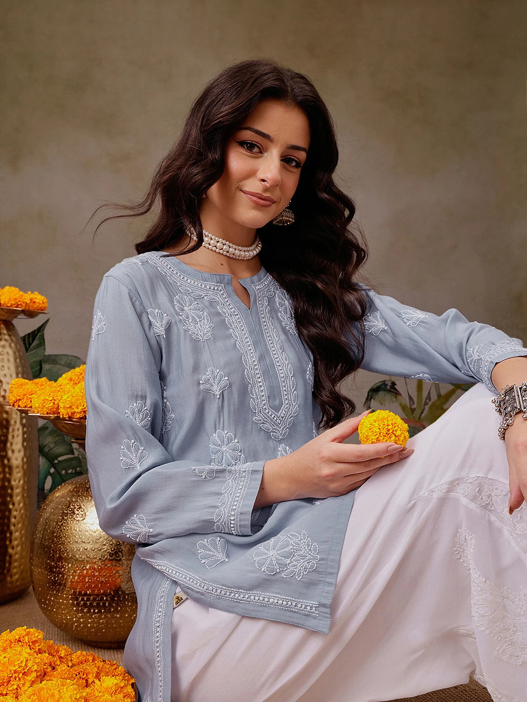 Ada Hand Embroidered Ink Blue Chanderi Silk Lucknowi Chikankari Short Kurti A911447