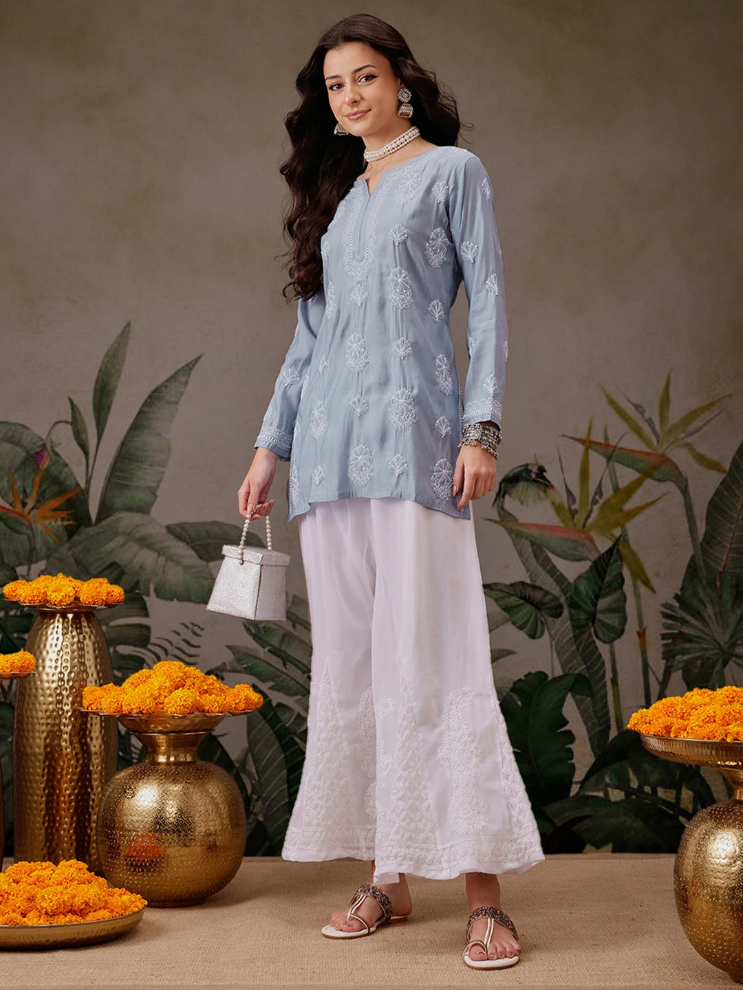 Ada Hand Embroidered Ink Blue Chanderi Silk Lucknowi Chikankari Short Kurti A911447