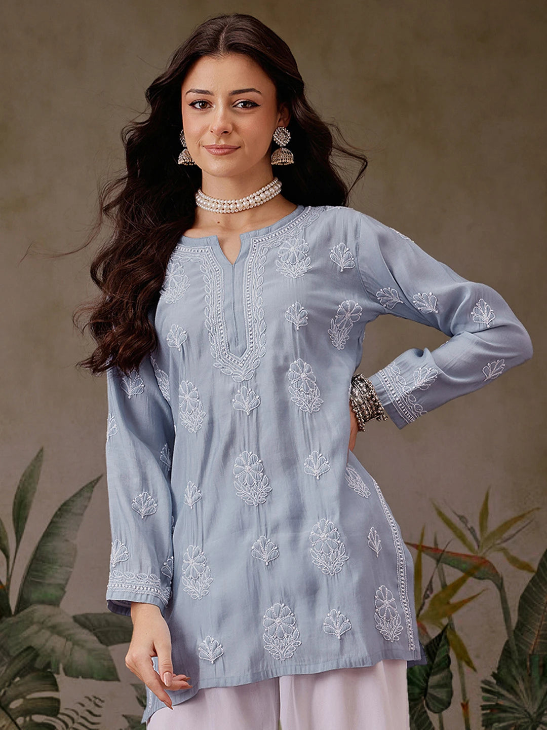 Ada Hand Embroidered Ink Blue Chanderi Silk Lucknowi Chikankari Short Kurti A911447