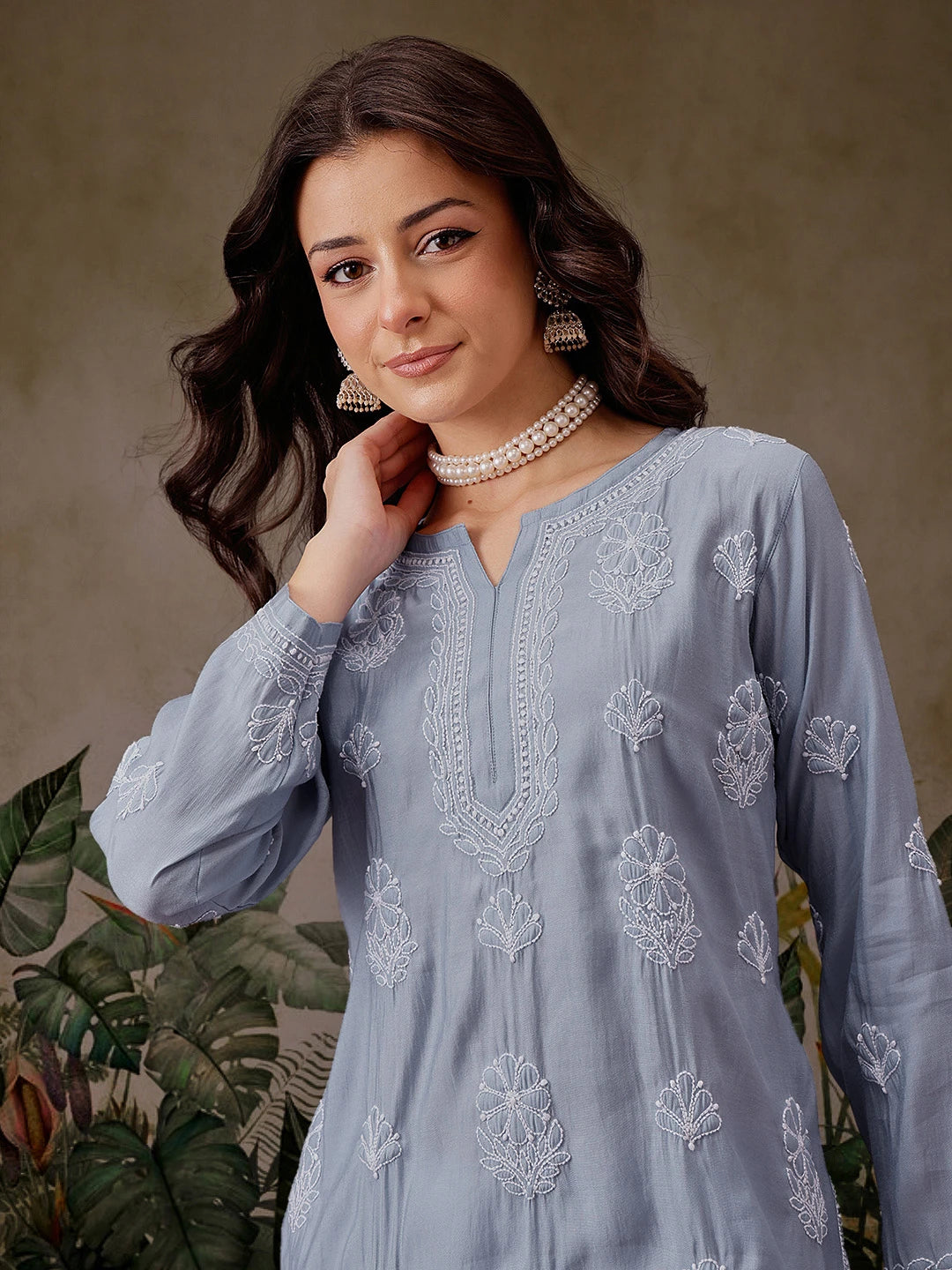 Ada Hand Embroidered Ink Blue Chanderi Silk Lucknowi Chikankari Short Kurti A911447