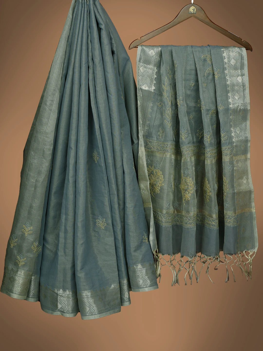 Ada Hand Embroidered Grey Tissue Lucknowi Chikankari Saree And Blouse 01A814575