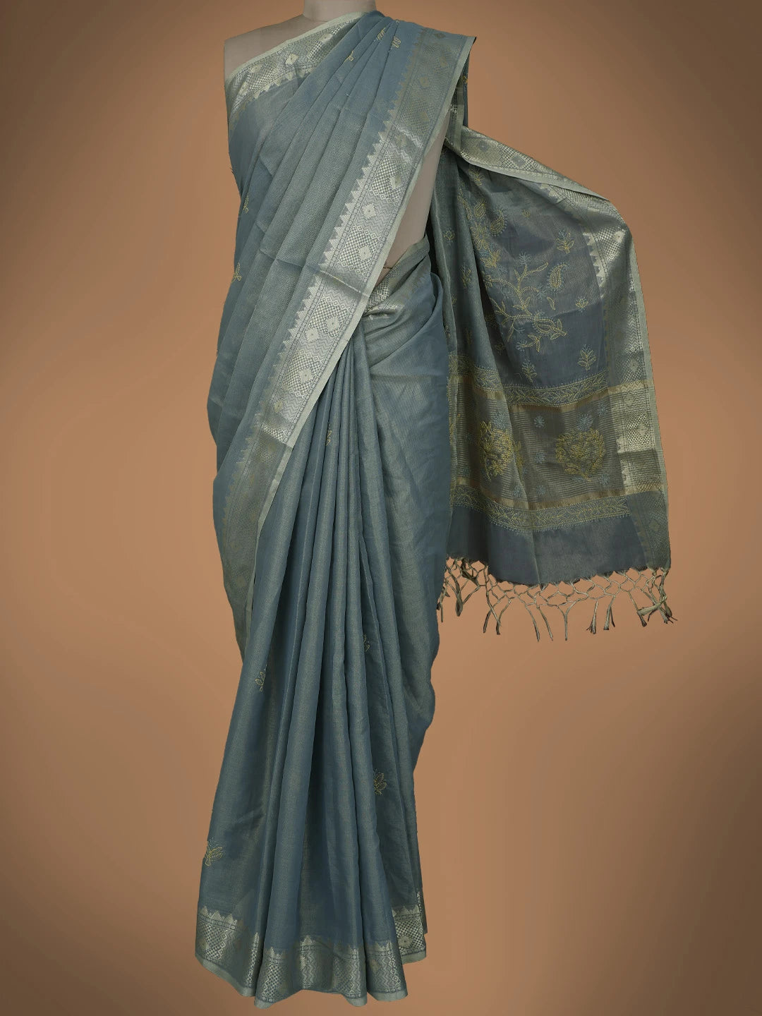 Ada Hand Embroidered Grey Tissue Lucknowi Chikankari Saree And Blouse 01A814575