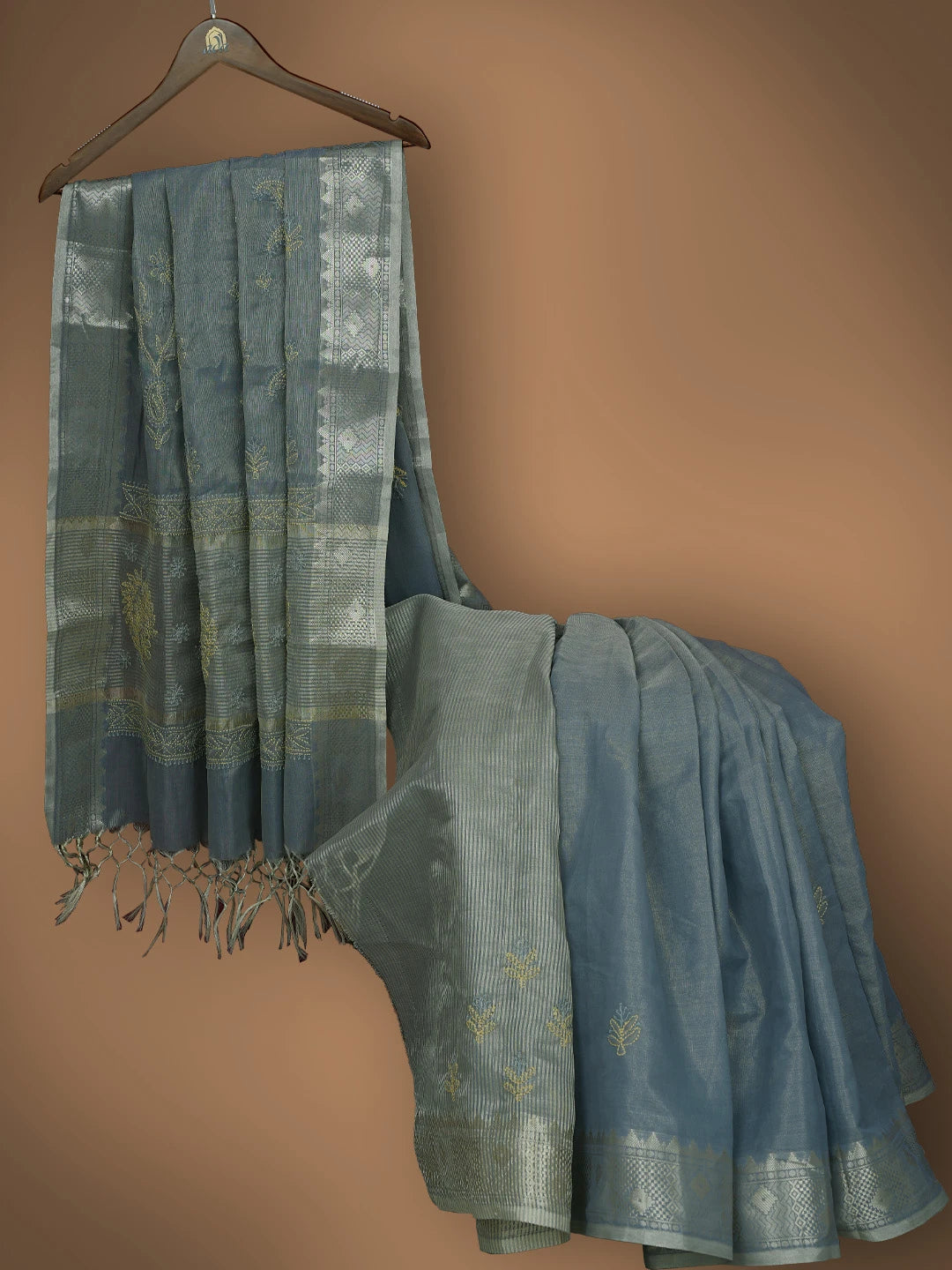 Ada Hand Embroidered Grey Tissue Lucknowi Chikankari Saree And Blouse 01A814575