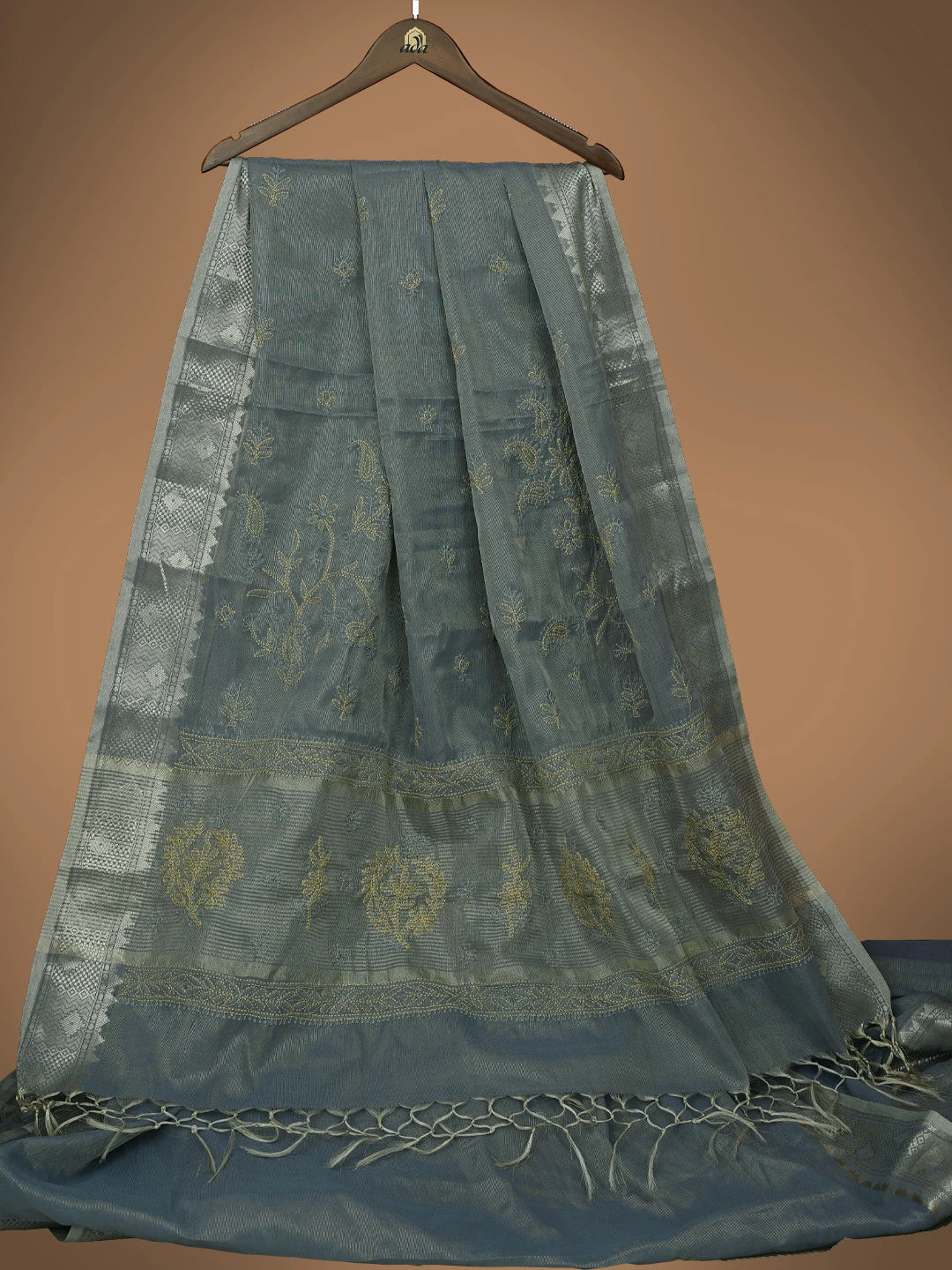 Ada Hand Embroidered Grey Tissue Lucknowi Chikankari Saree And Blouse 01A814575
