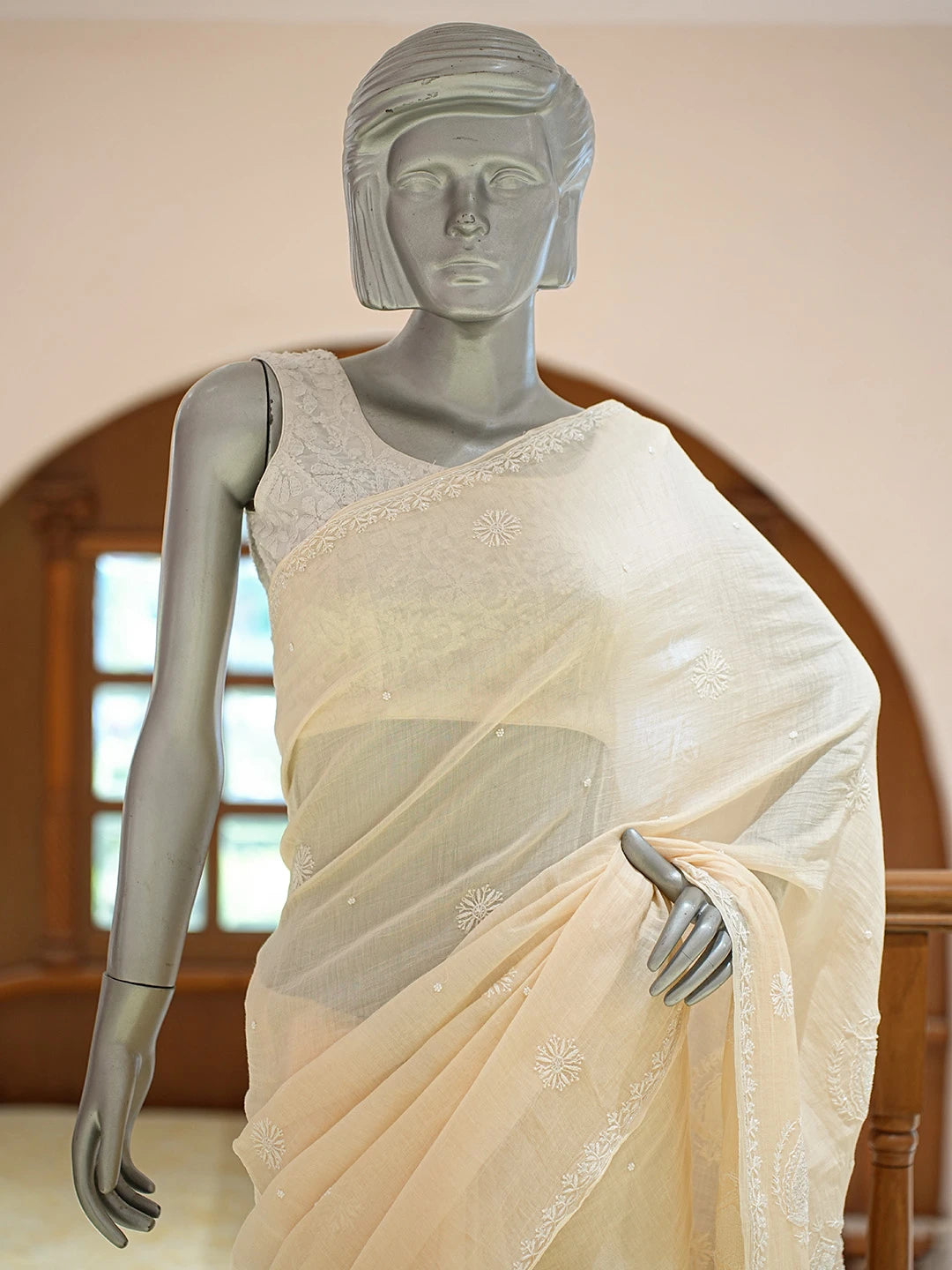 Ada Hand Embroidered Beige Chanderi Lucknowi Chikankari Saree And Blouse With Cutdana Work 01A711096
