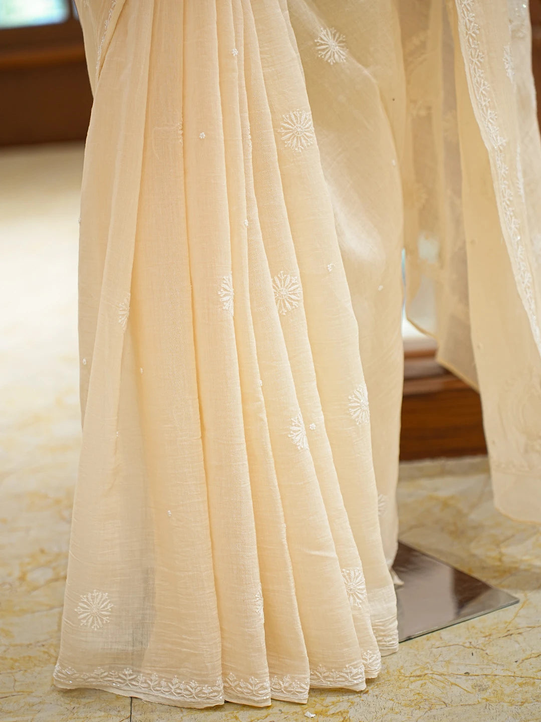Ada Hand Embroidered Beige Chanderi Lucknowi Chikankari Saree And Blouse With Cutdana Work 01A711096