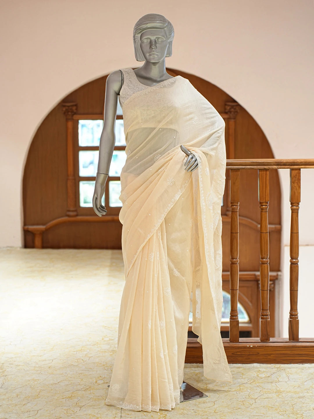 Ada Hand Embroidered Beige Chanderi Lucknowi Chikankari Saree And Blouse With Cutdana Work 01A711096