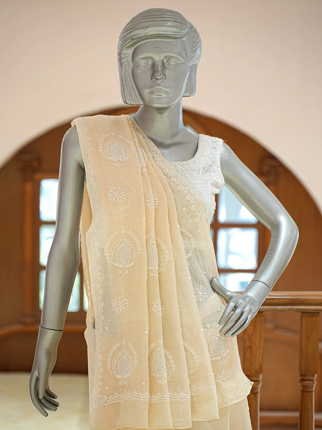 Ada Hand Embroidered Beige Chanderi Lucknowi Chikankari Saree And Blouse With Cutdana Work 01A711096