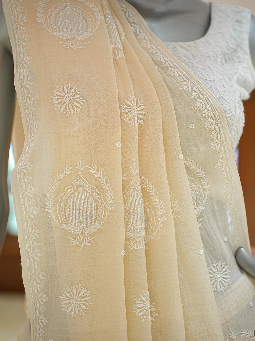 Ada Hand Embroidered Beige Chanderi Lucknowi Chikankari Saree And Blouse With Cutdana Work 01A711096