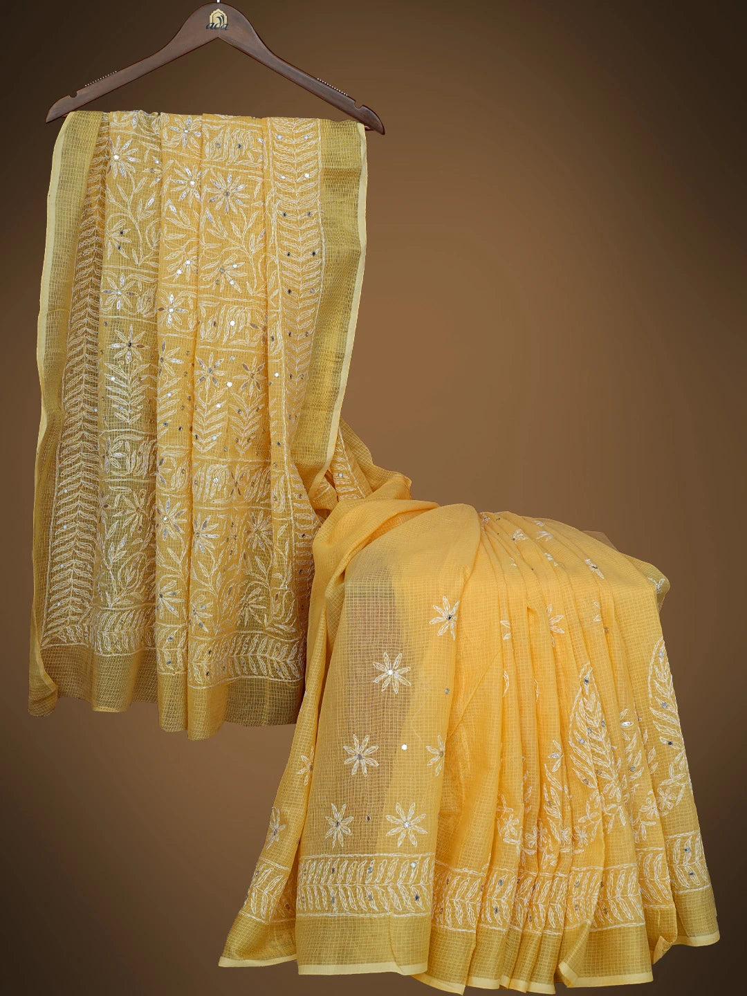 Ada Hand Embroidered Yellow Kota Lucknowi Chikankari Saree And Blouse With Mirror Work 01A635955