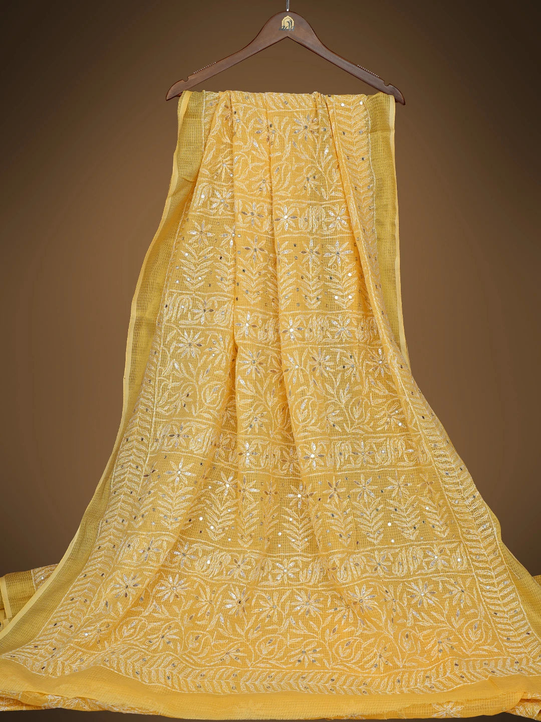 Ada Hand Embroidered Yellow Kota Lucknowi Chikankari Saree And Blouse With Mirror Work 01A635955